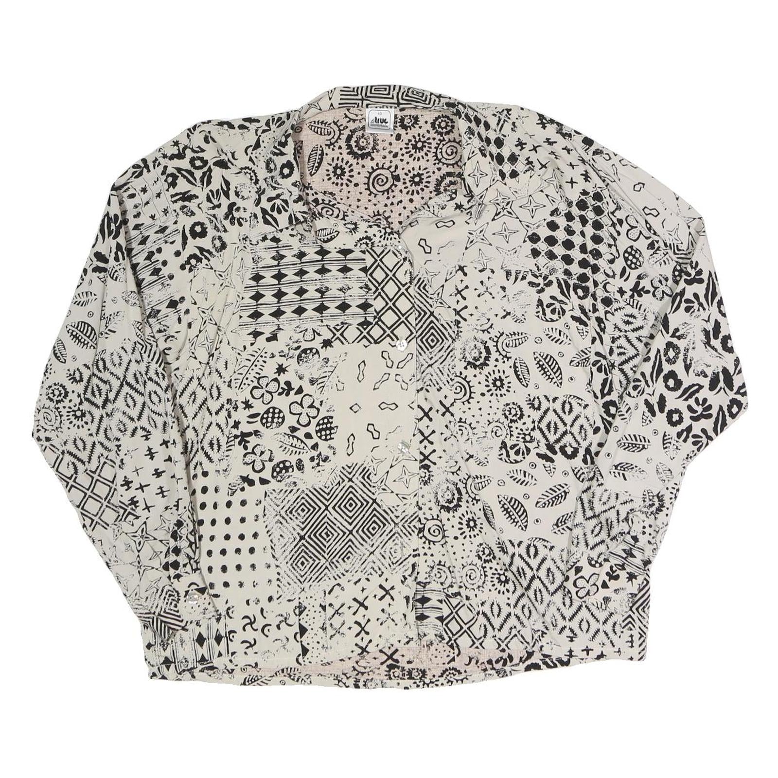 TRUE Womens Cream Black Printed Blouse Long Sleeve Collared M Polyester Blend