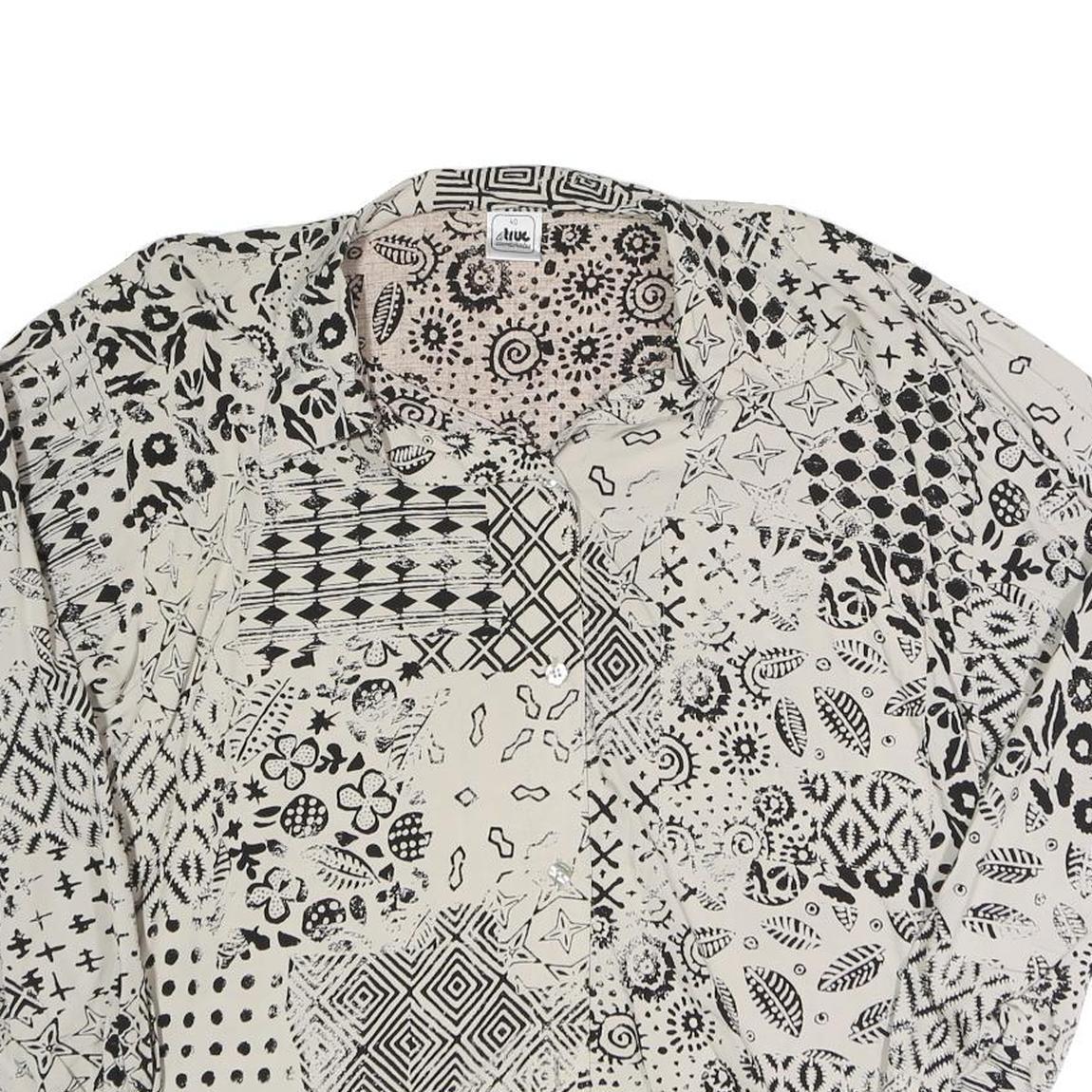 TRUE Womens Cream Black Printed Blouse Long Sleeve Collared M Polyester Blend