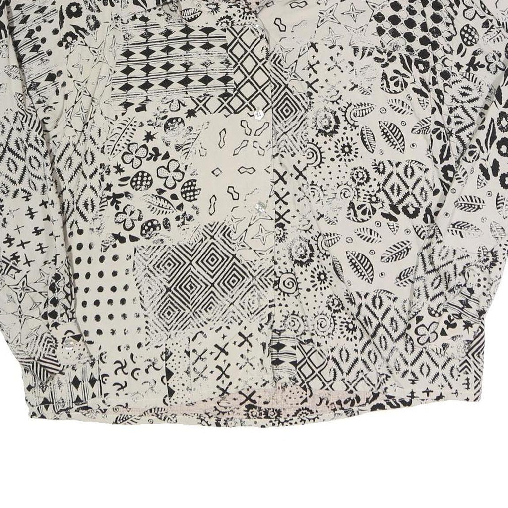 TRUE Womens Cream Black Printed Blouse Long Sleeve Collared M Polyester Blend