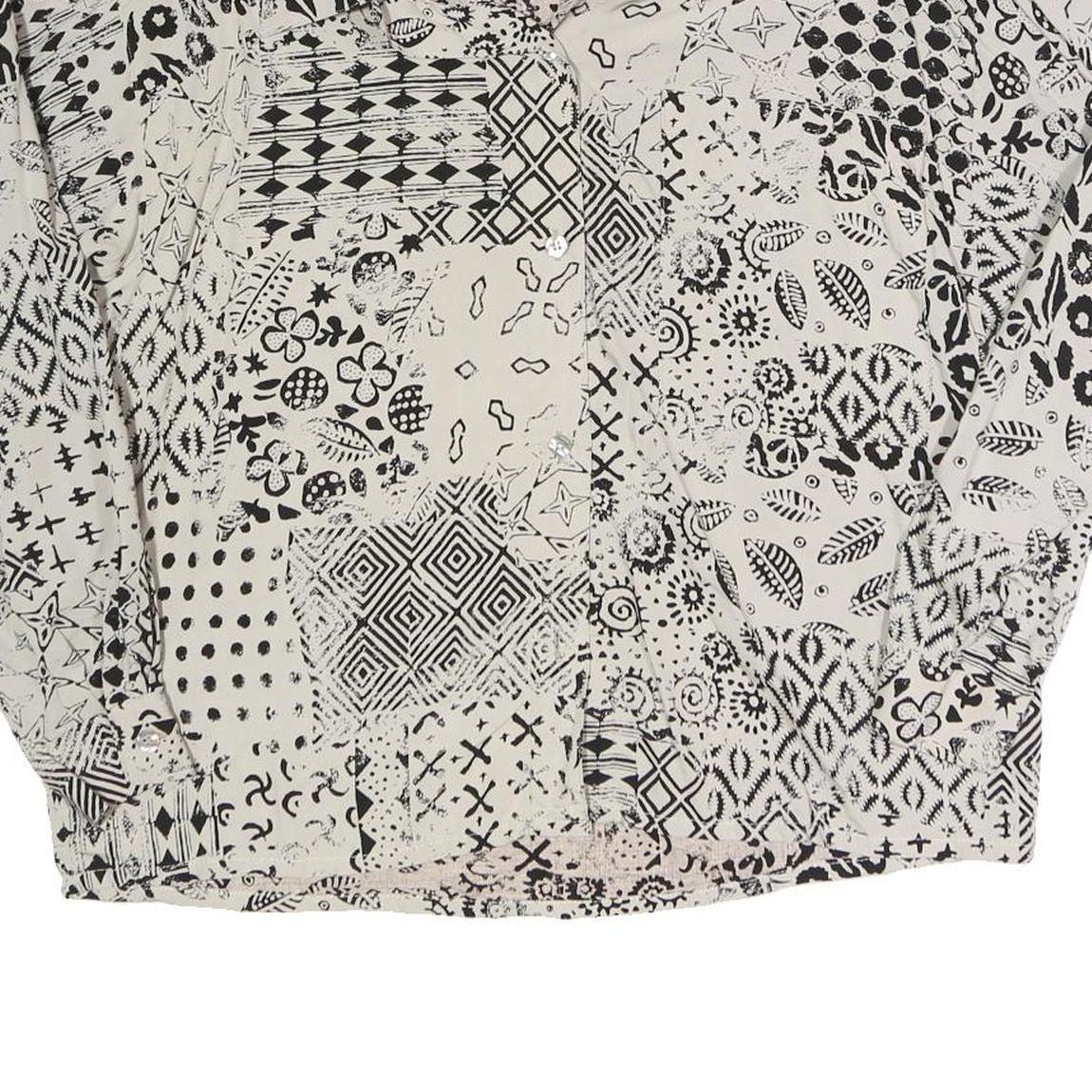 TRUE Womens Cream Black Printed Blouse Long Sleeve Collared M Polyester Blend