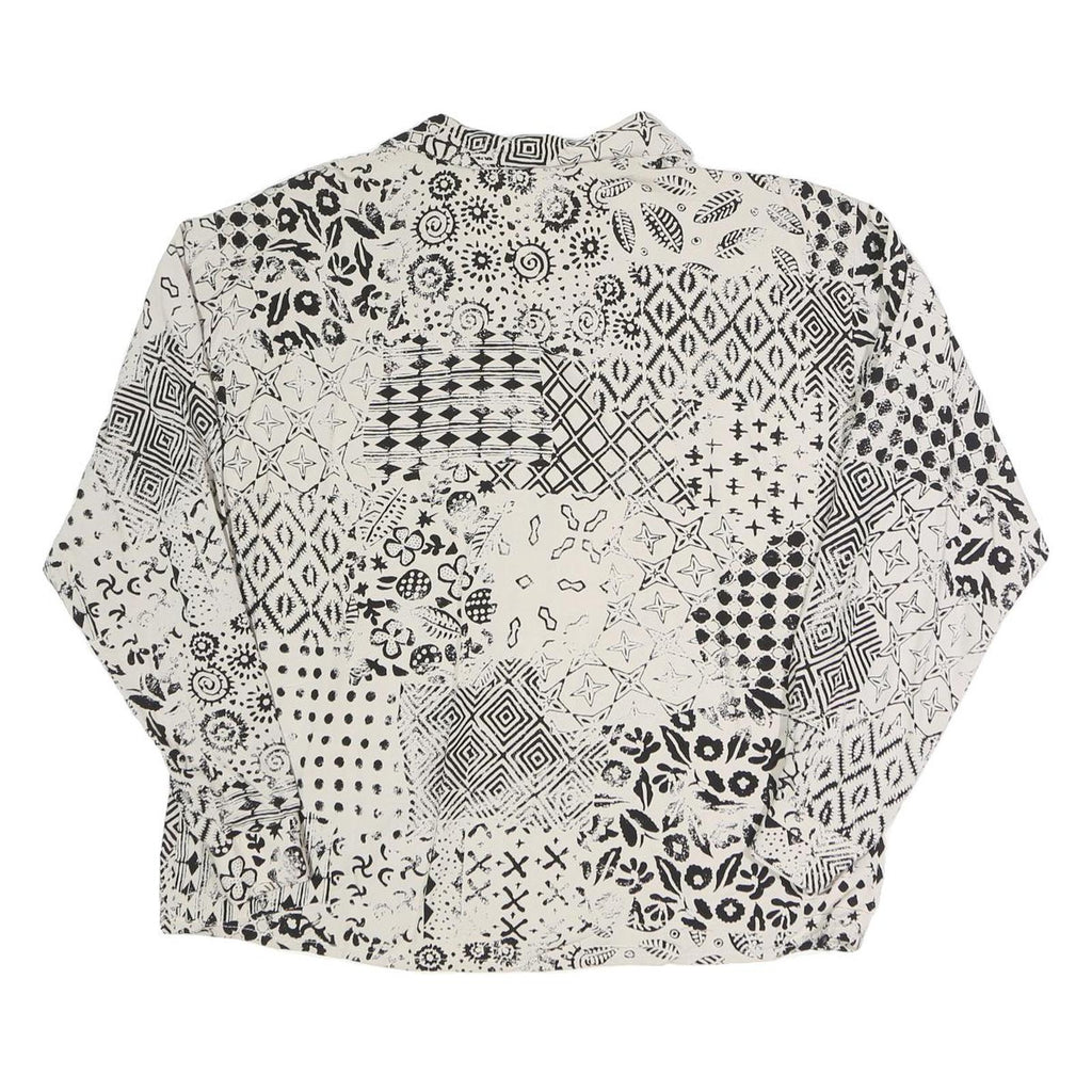 TRUE Womens Cream Black Printed Blouse Long Sleeve Collared M Polyester Blend