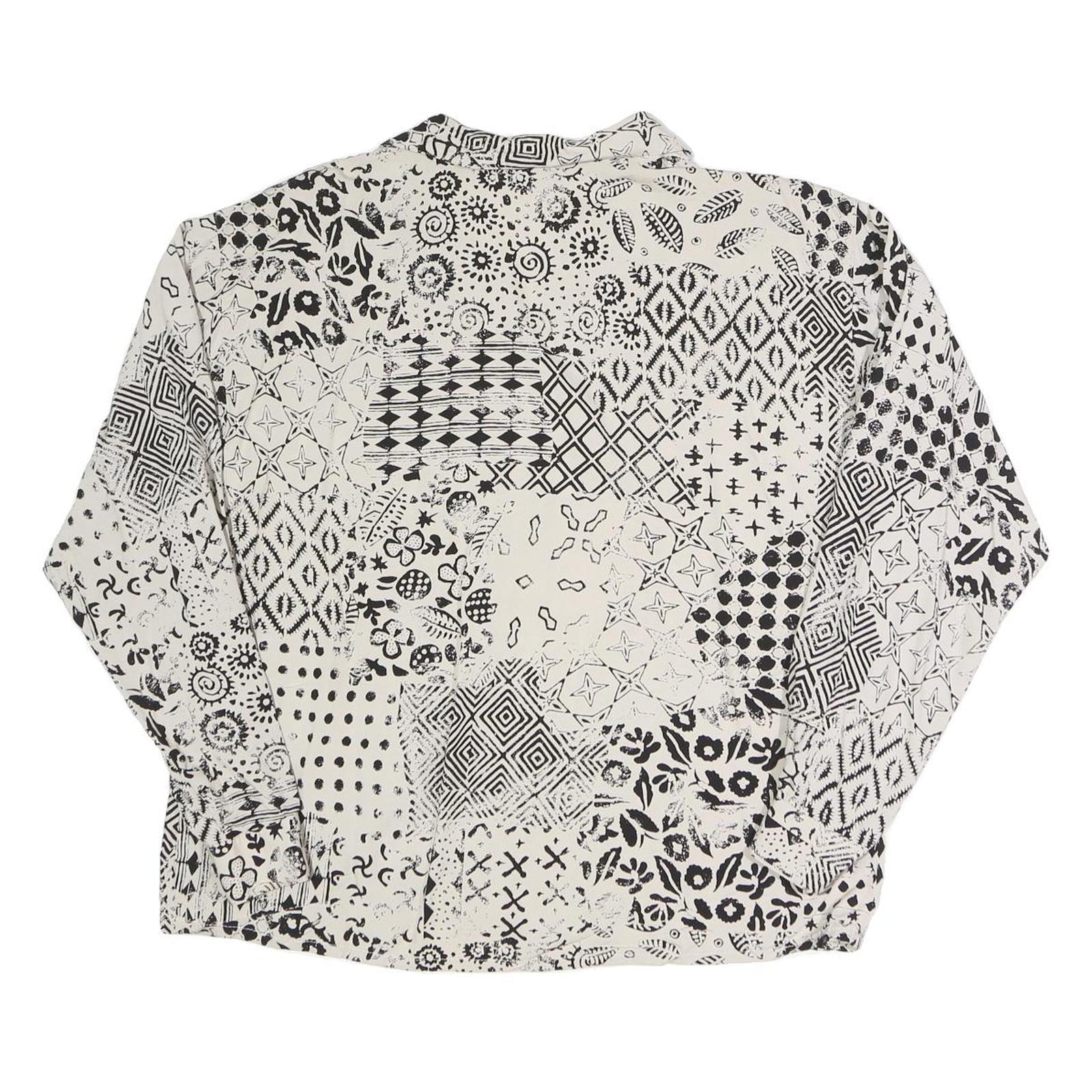 TRUE Womens Cream Black Printed Blouse Long Sleeve Collared M Polyester Blend