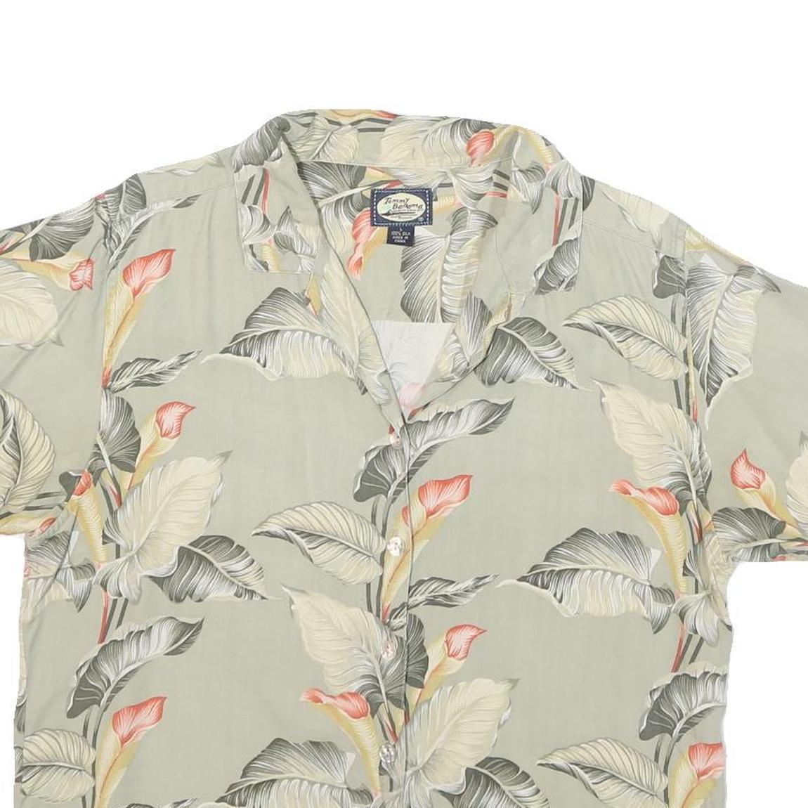 TOMMY BAHAMA Womens Beige Printed Short Sleeve Collared Silk Shirt L Relaxed Fit