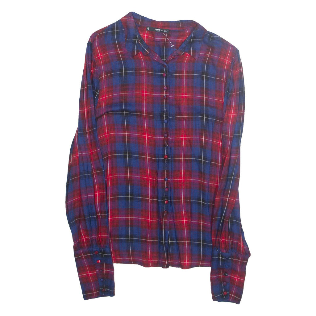 MNG BASICS Womens Printed Blouse Blue Collared Long Sleeve Viscose Check L