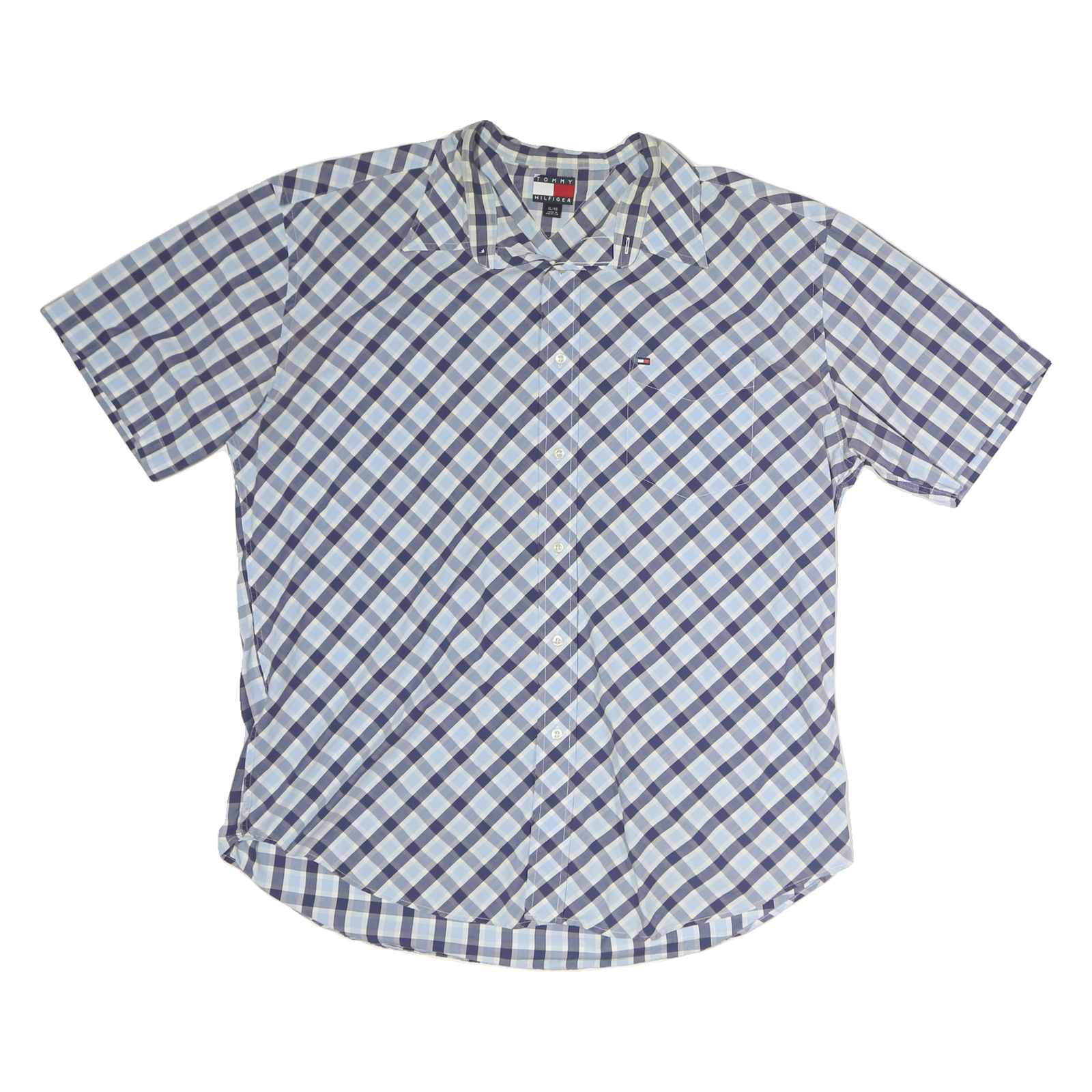 TOMMY HILFIGER Mens Blue Check Cotton Shirt XL Short Sleeve Button Casual