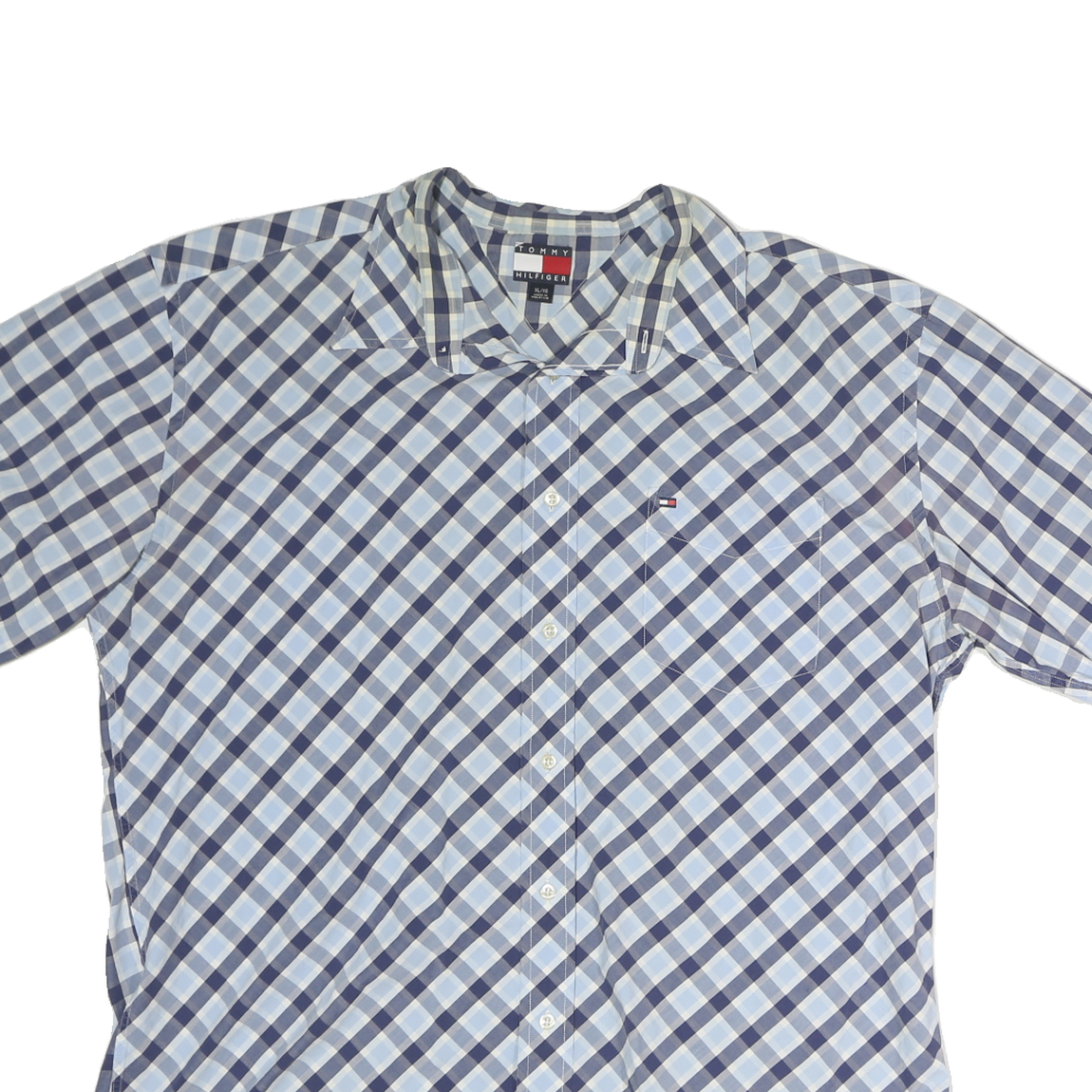 TOMMY HILFIGER Mens Blue Check Cotton Shirt XL Short Sleeve Button Casual