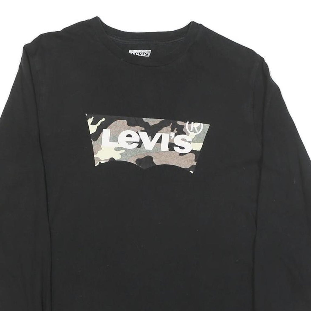 LEVI'S Mens Black Camouflage Graphic T-Shirt S Long Sleeve Crew Neck Cotton