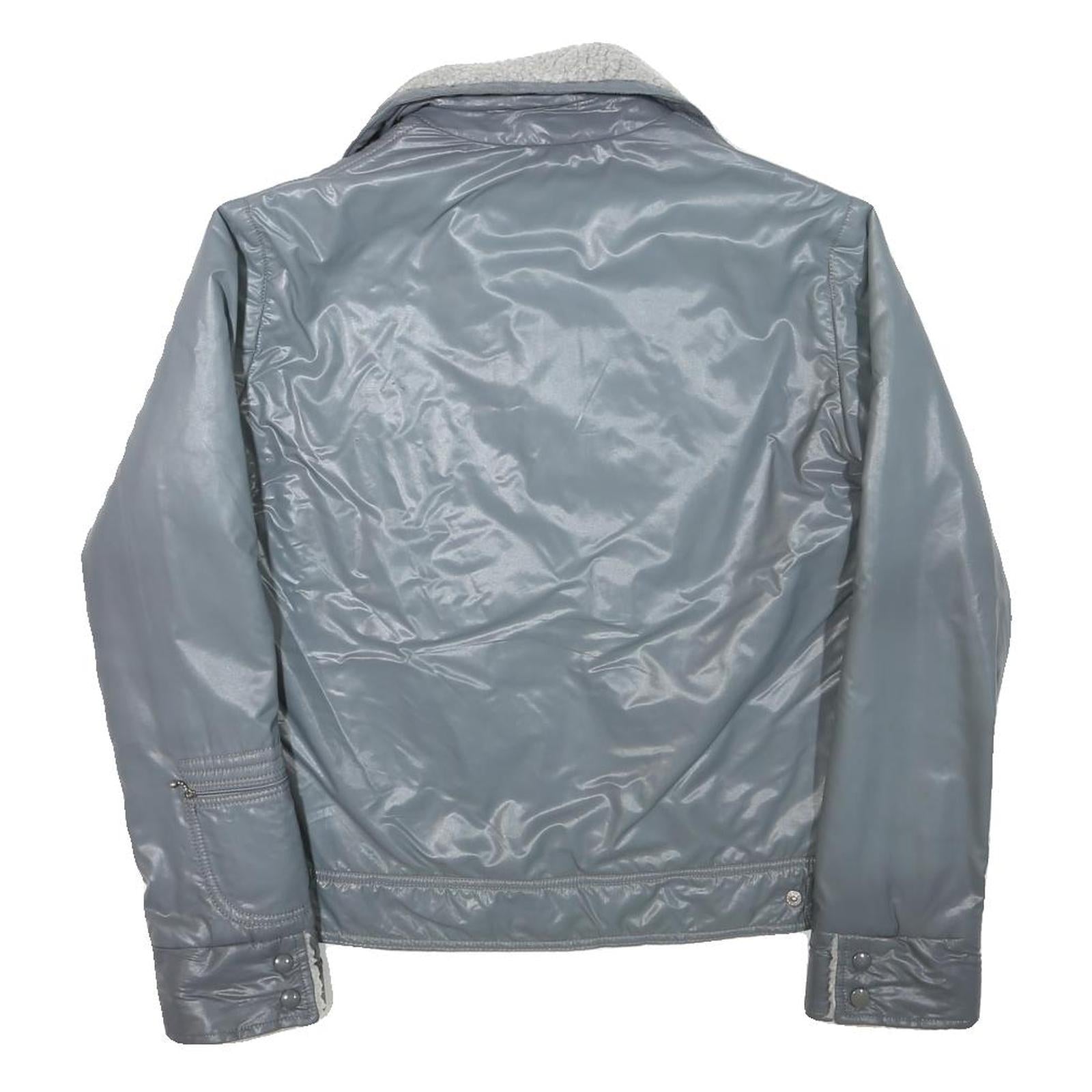 Womens Grey Faux Shearling Collar Zip Jacket M Polyester Blend Plain Warm Casual