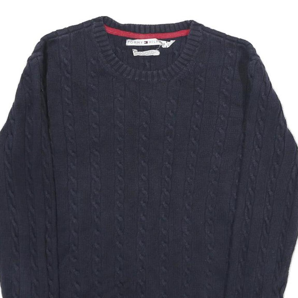 TOMMY HILFIGER Womens Navy Blue Patterned Jumper Crew Neck Cable Knit L Cotton