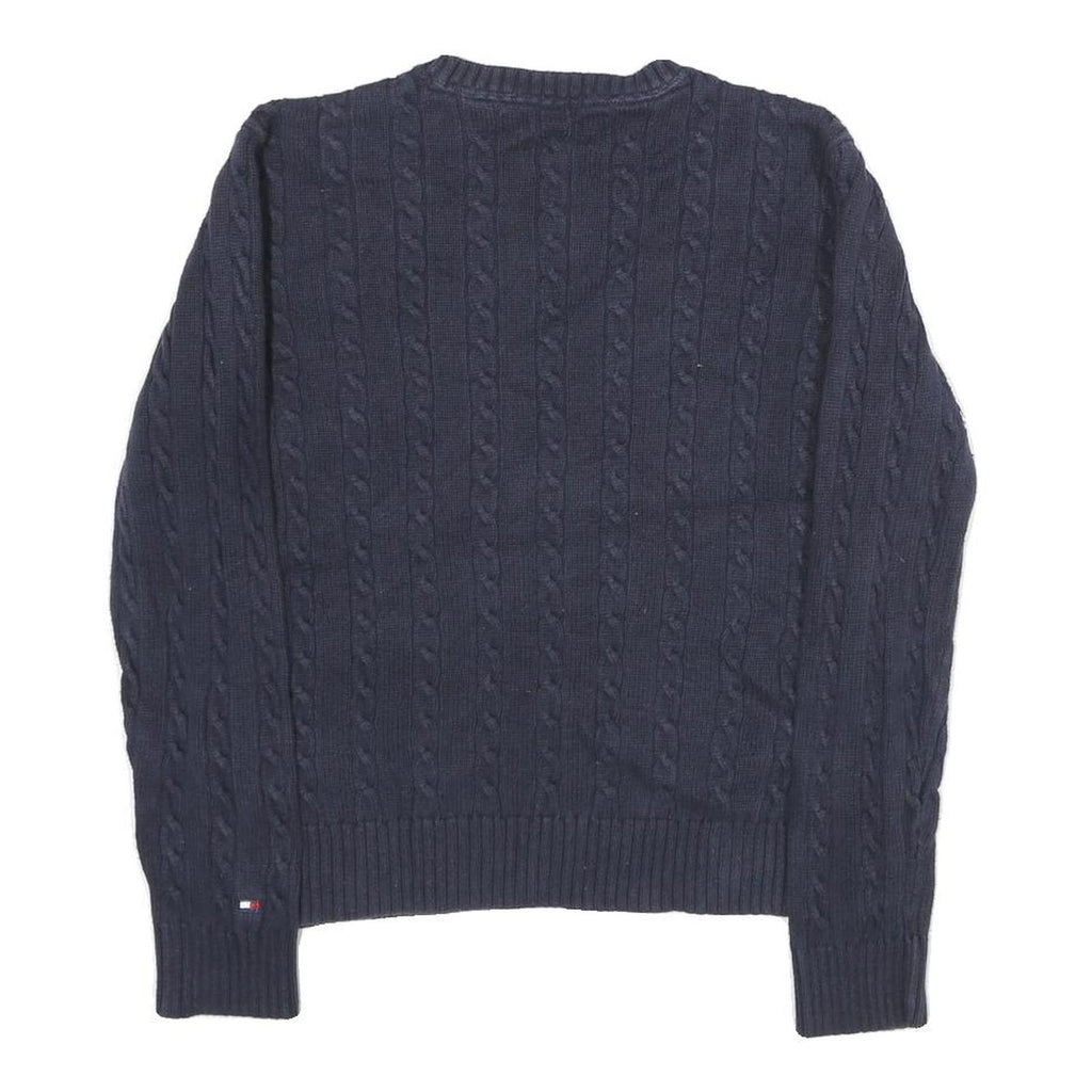 TOMMY HILFIGER Womens Navy Blue Patterned Jumper Crew Neck Cable Knit L Cotton