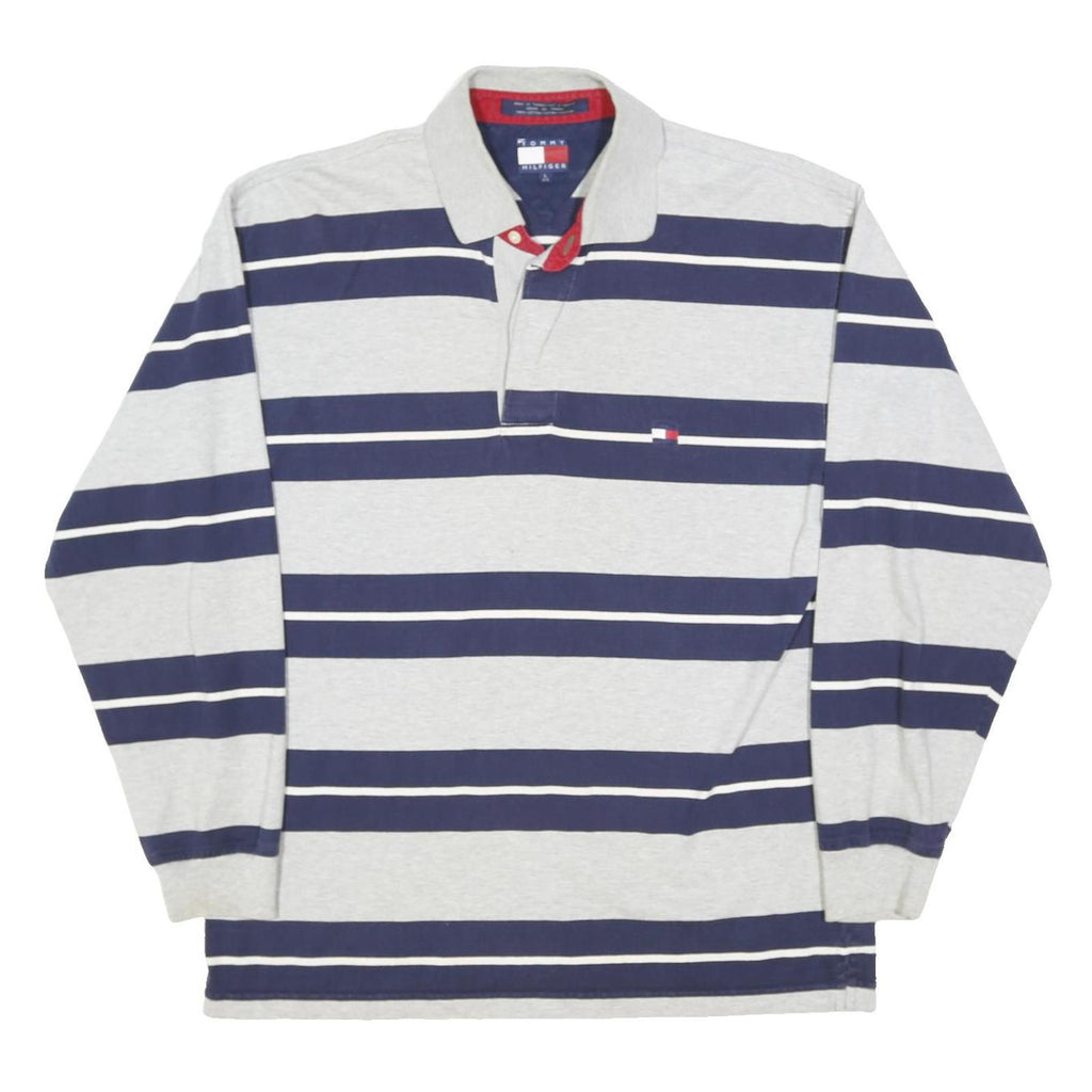 TOMMY HILFIGER Mens Grey & Navy Stripe Long Sleeve Polo Shirt L Cotton Blend