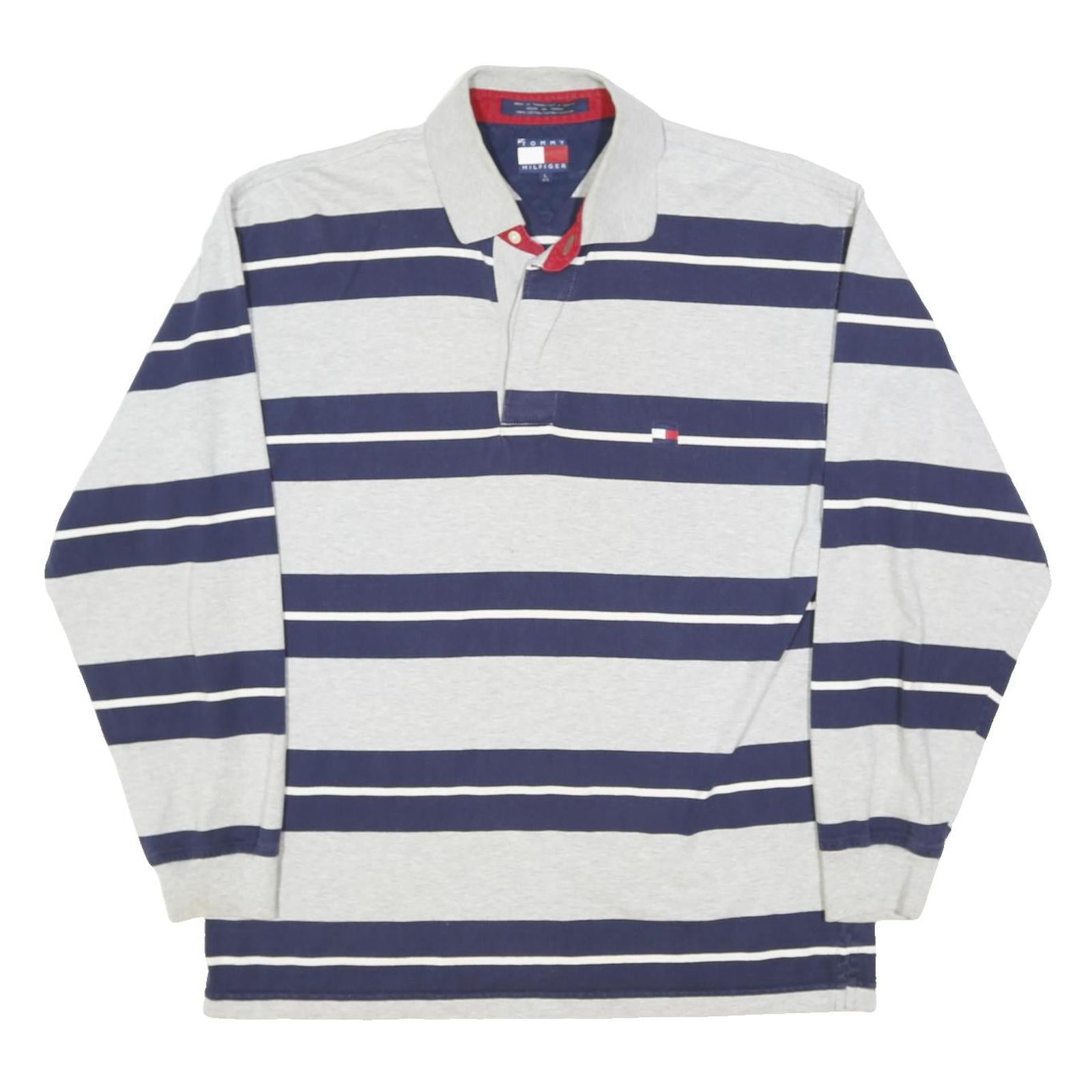 TOMMY HILFIGER Mens Grey & Navy Stripe Long Sleeve Polo Shirt L Cotton Blend