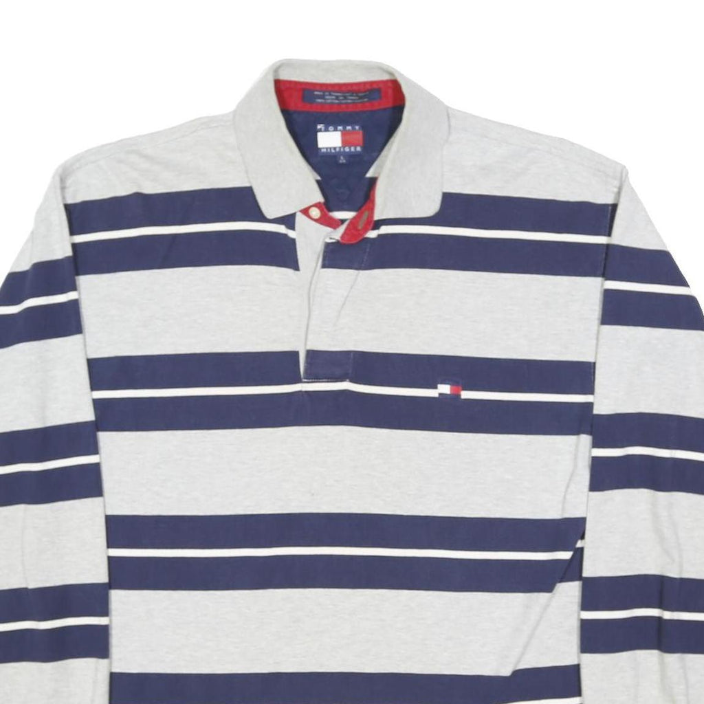 TOMMY HILFIGER Mens Grey & Navy Stripe Long Sleeve Polo Shirt L Cotton Blend