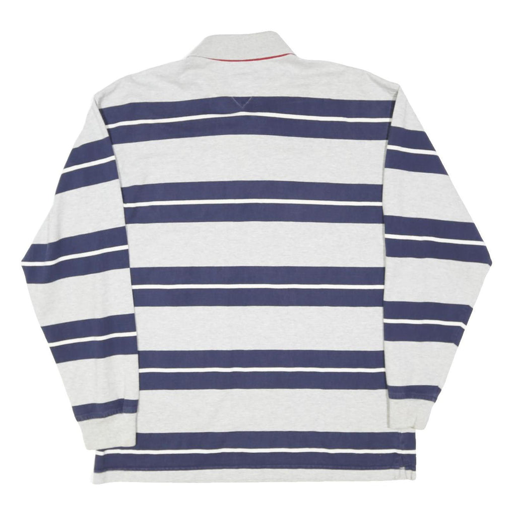 TOMMY HILFIGER Mens Grey & Navy Stripe Long Sleeve Polo Shirt L Cotton Blend