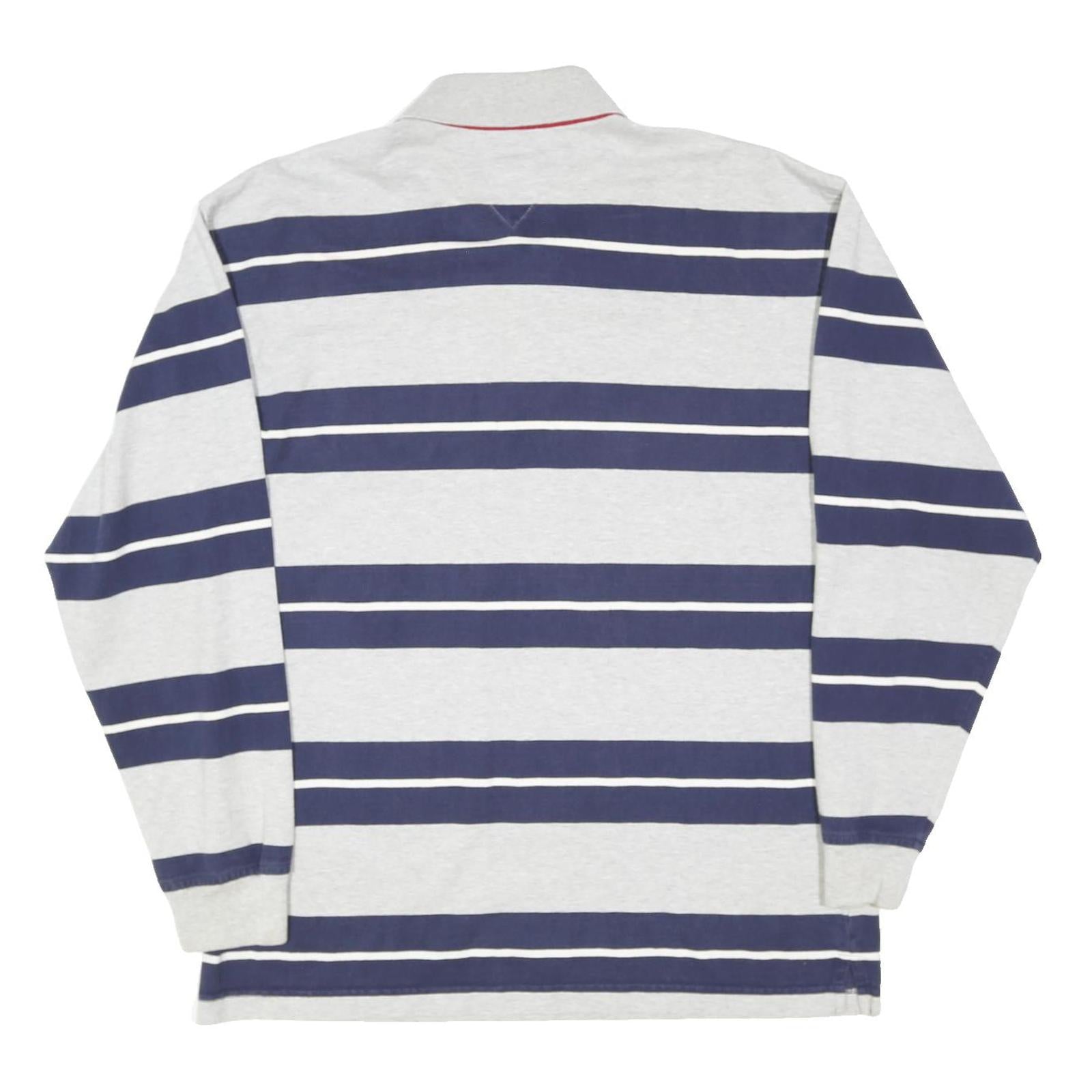 TOMMY HILFIGER Mens Grey & Navy Stripe Long Sleeve Polo Shirt L Cotton Blend