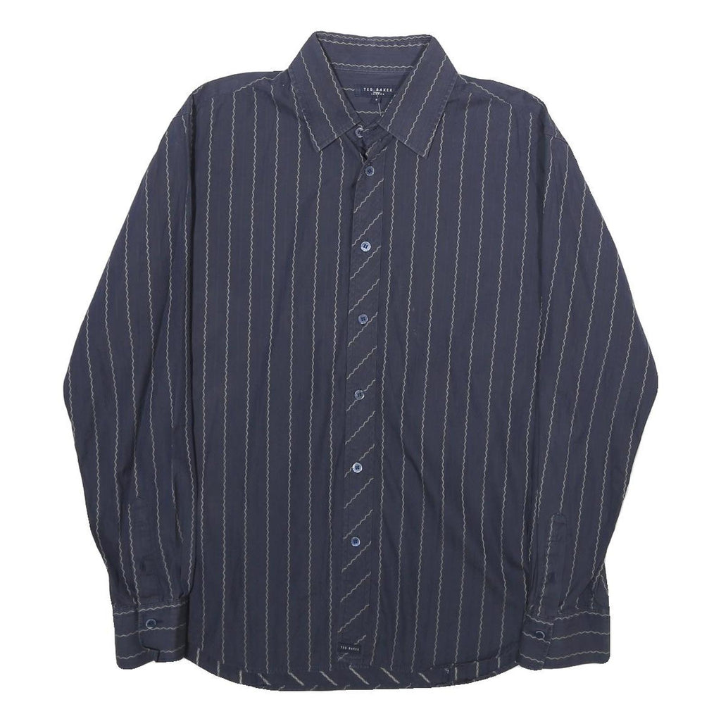TED BAKER Mens Navy Blue Wavy Stripe Shirt M Cotton Long Sleeve Button