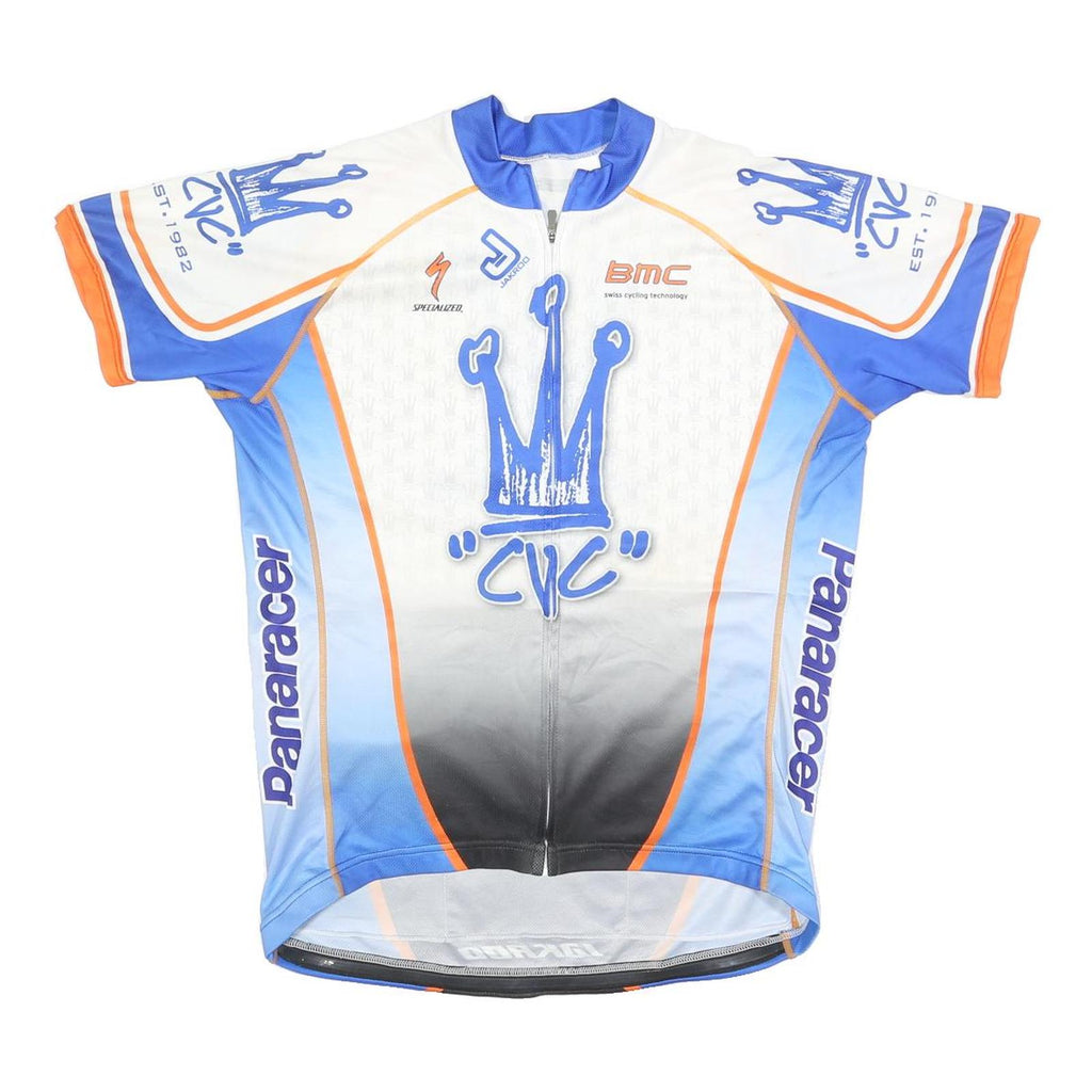 Mens White & Blue Cycling T-Shirt L Short Sleeve Zip Neck Jersey Castro Valley