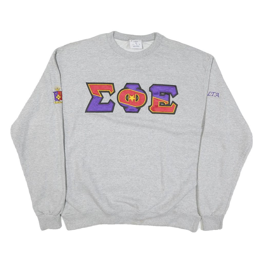 CHAMPION Mens Grey Greek Letters Crew Neck XL Applique Cotton Blend Sweatshirt
