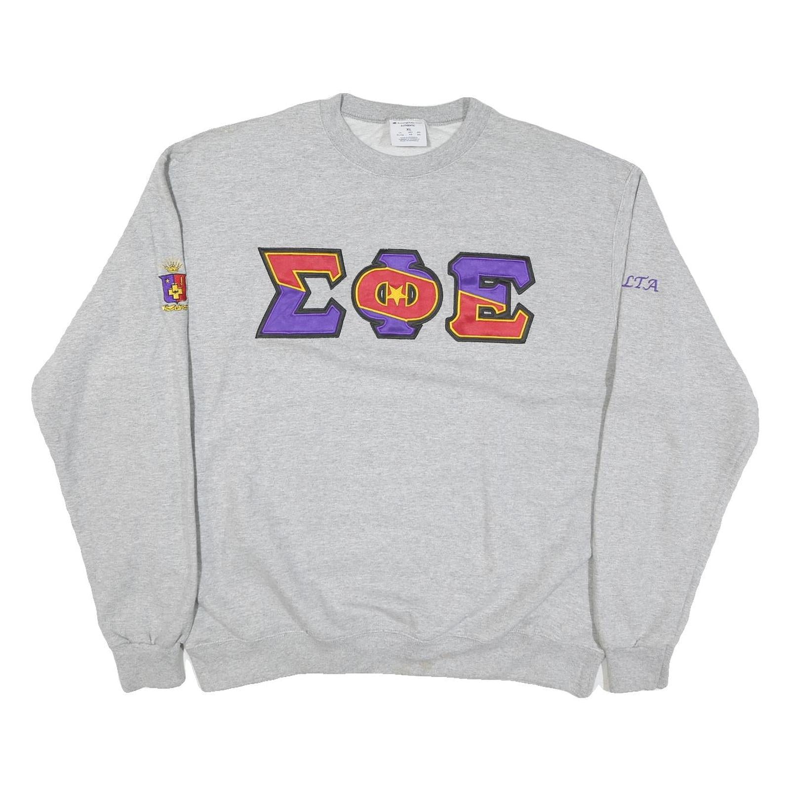 CHAMPION Mens Grey Greek Letters Crew Neck XL Applique Cotton Blend Sweatshirt