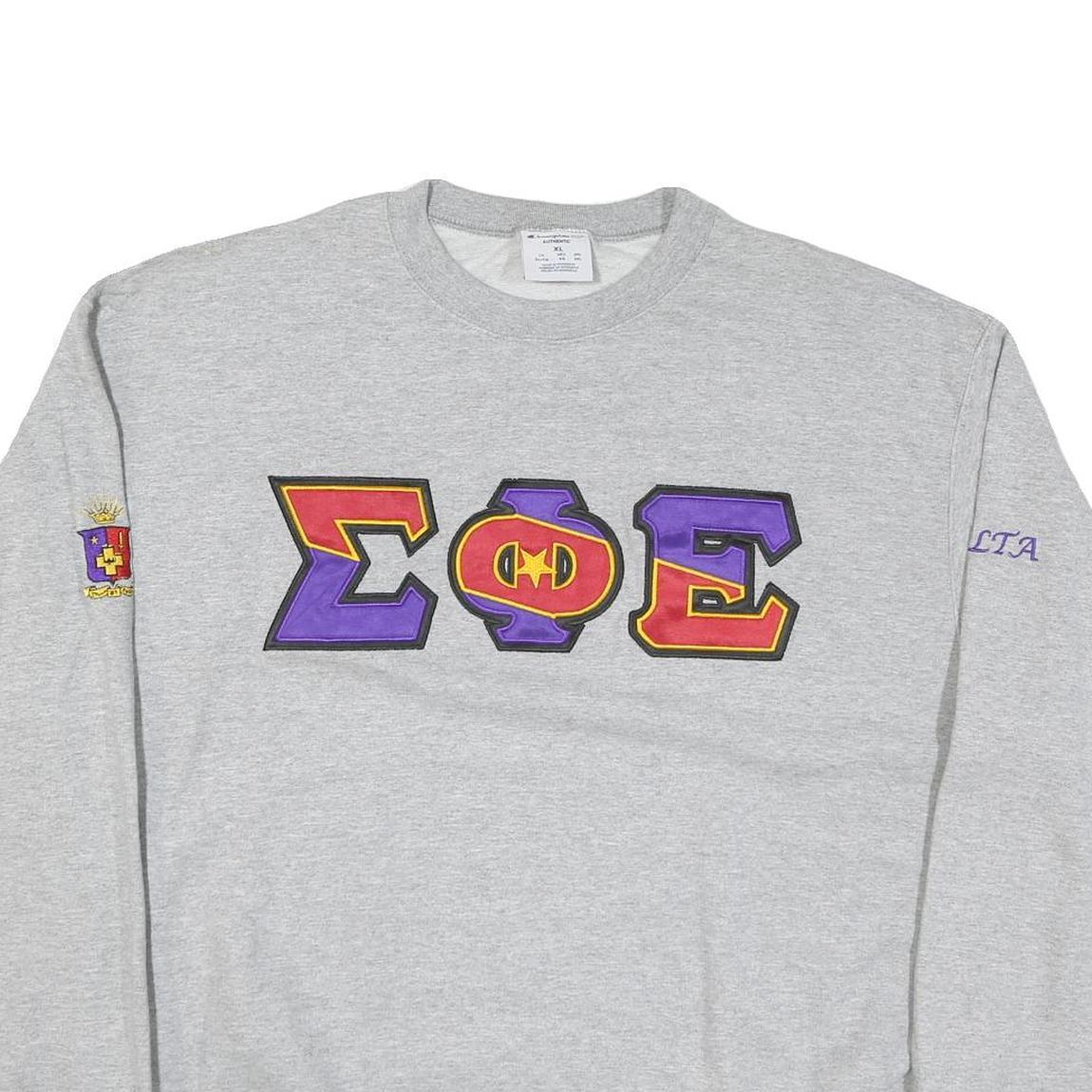 CHAMPION Mens Grey Greek Letters Crew Neck XL Applique Cotton Blend Sweatshirt