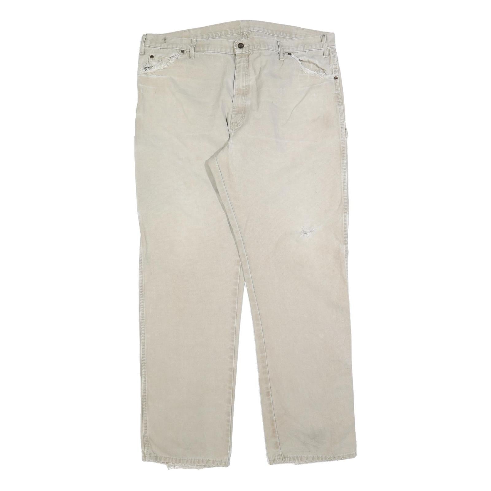 DICKIES Mens Relaxed Beige Cotton Blend Zip Trousers W42 L36 Workwear Casual