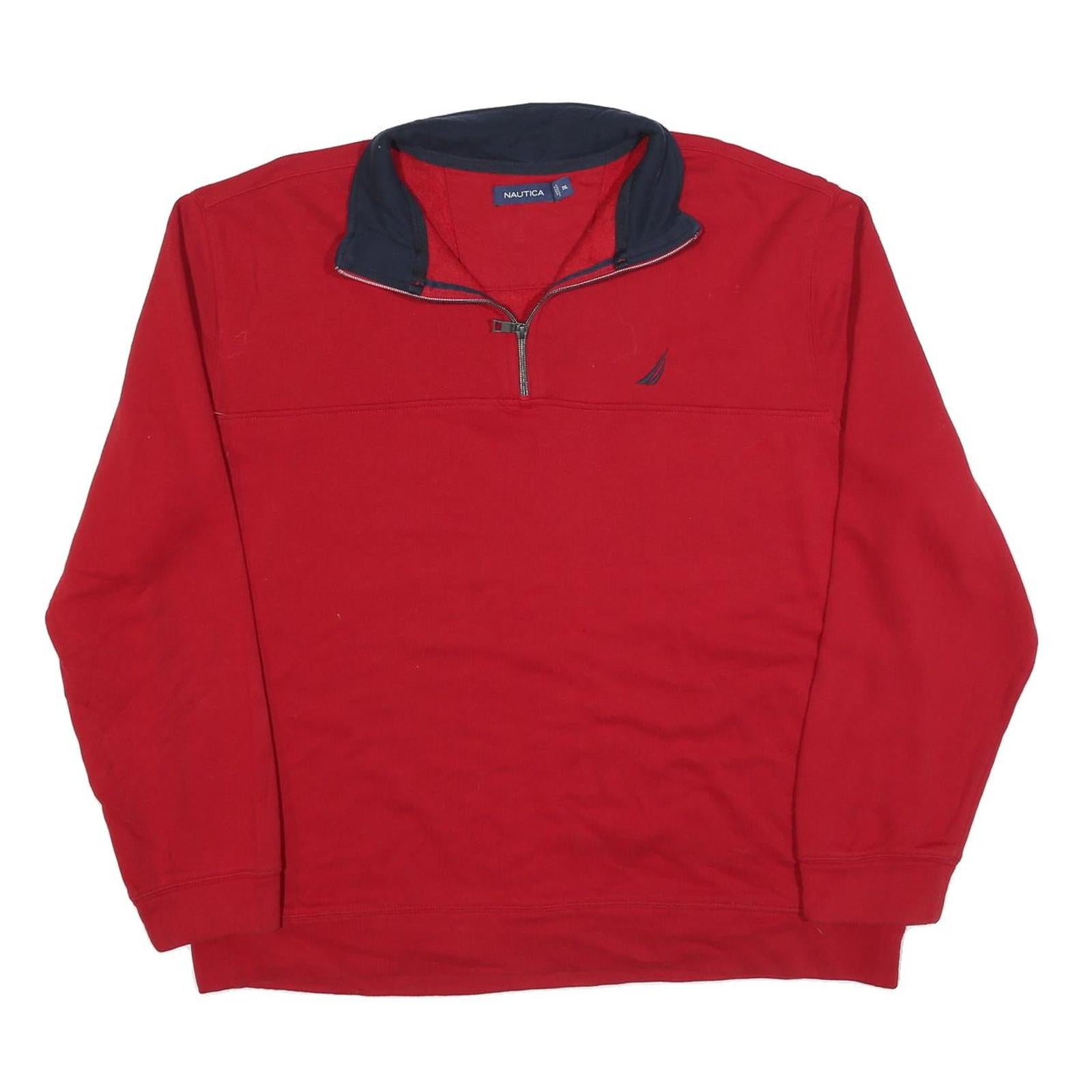 NAUTICA Mens Red & Navy 1/4 Zip 2XL Sweatshirt Cotton Blend Casual