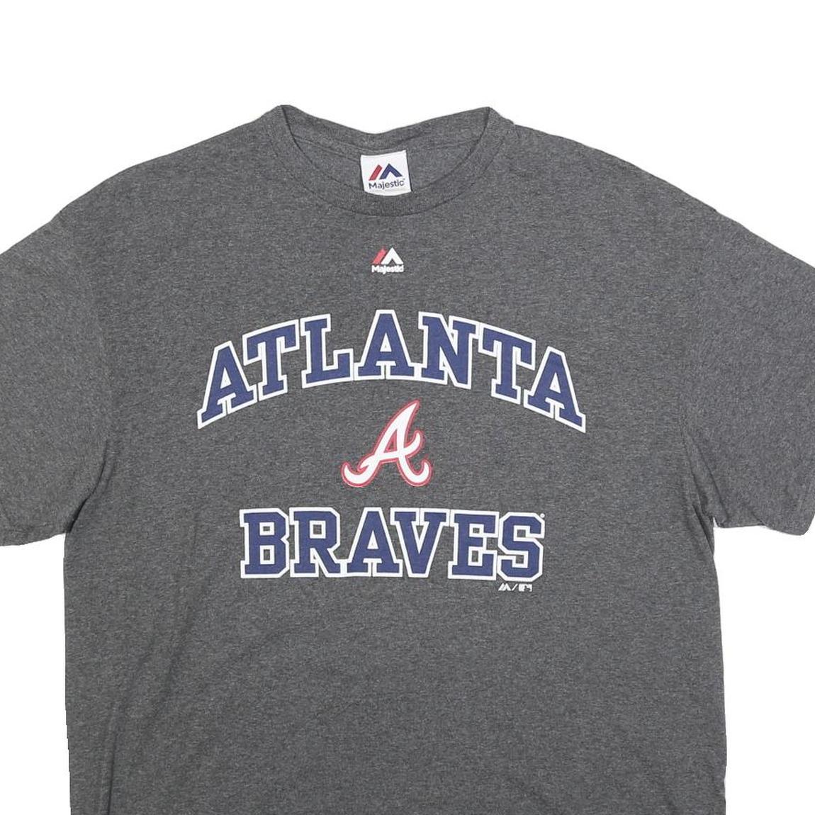 MAJESTIC Mens Grey Atlanta Braves Graphic T-Shirt L Short Sleeve Crew Neck