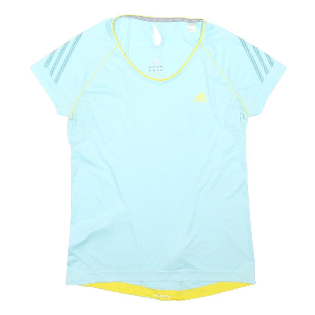 ADIDAS Womens Blue & Yellow Graphic T-Shirt UK 10 Short Sleeve V-Neck Activewear