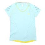 ADIDAS Womens Blue & Yellow Graphic T-Shirt UK 10 Short Sleeve V-Neck Activewear