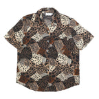 KATHY CHE Womens Brown Animal Print Shirt Short Sleeve Collared L