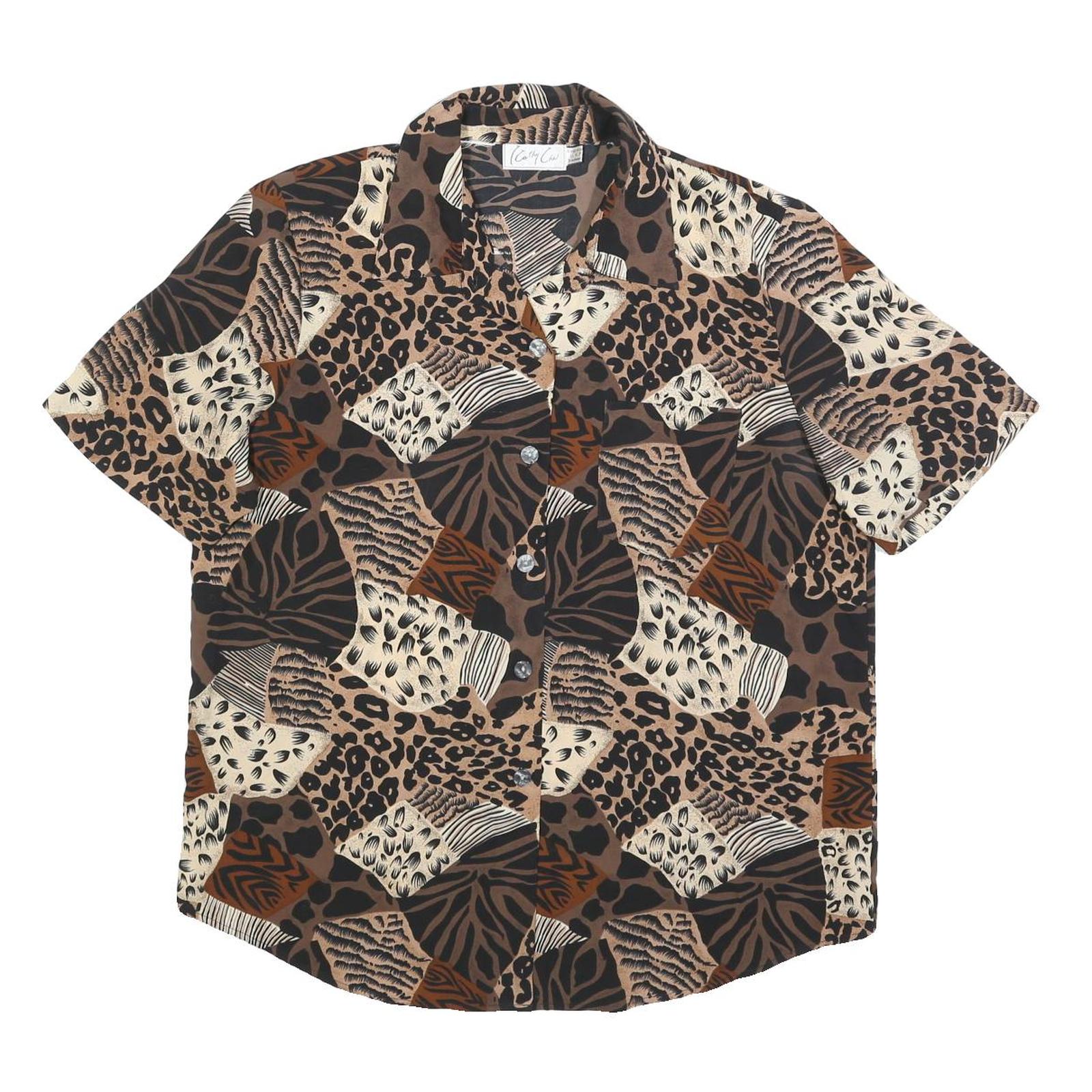 KATHY CHE Womens Brown Animal Print Shirt Short Sleeve Collared L