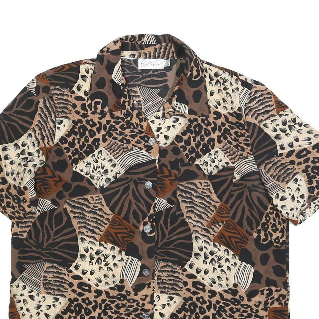KATHY CHE Womens Brown Animal Print Shirt Short Sleeve Collared L