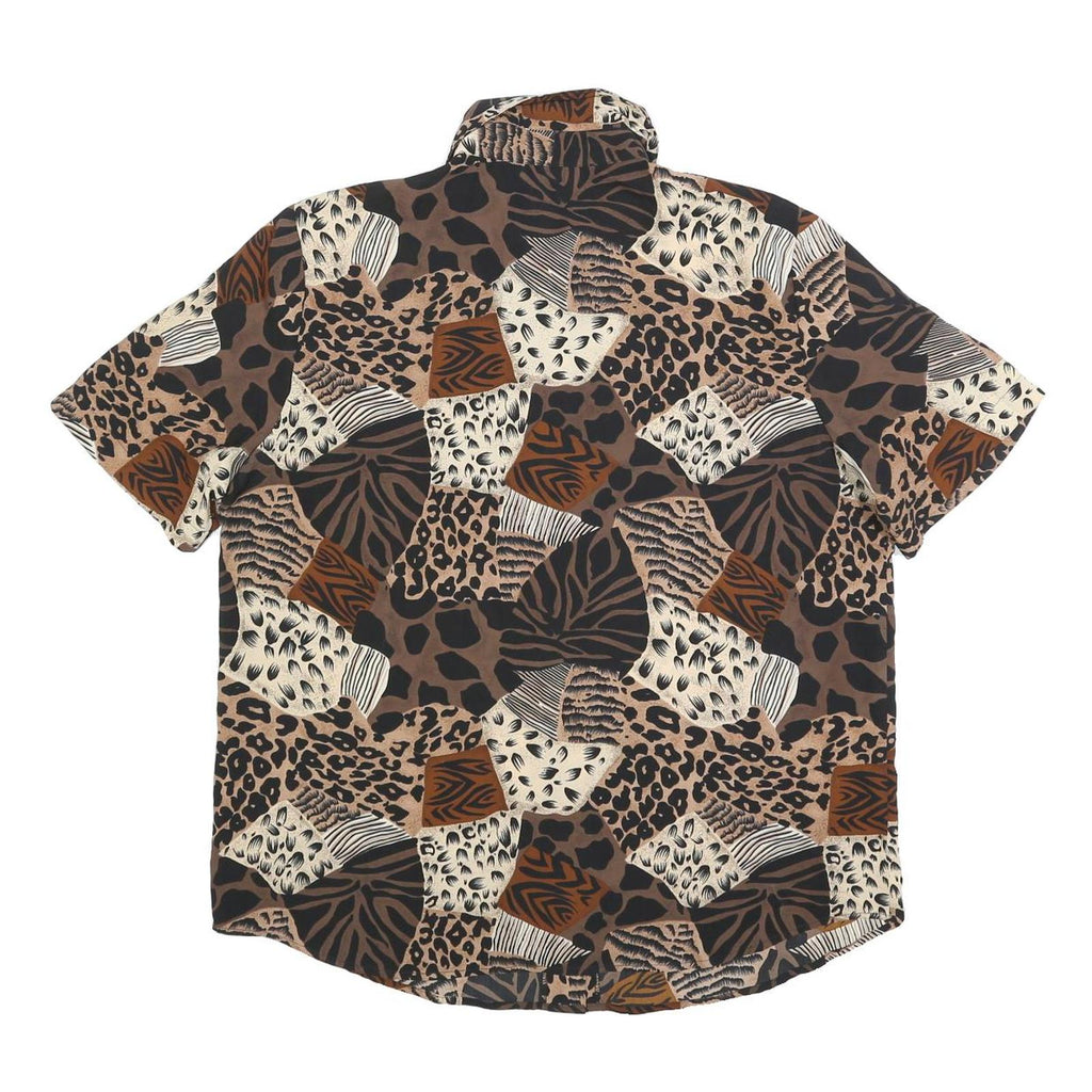 KATHY CHE Womens Brown Animal Print Shirt Short Sleeve Collared L