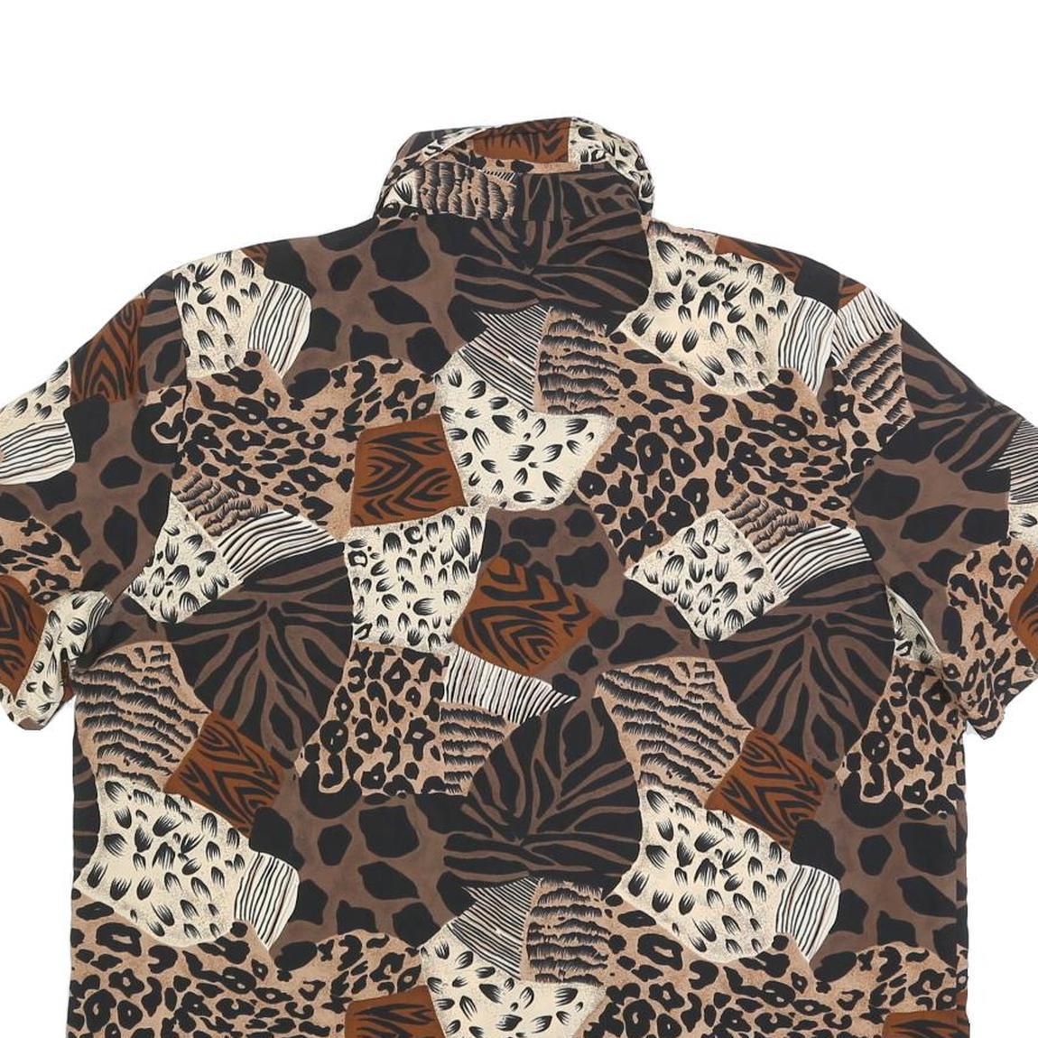 KATHY CHE Womens Brown Animal Print Shirt Short Sleeve Collared L