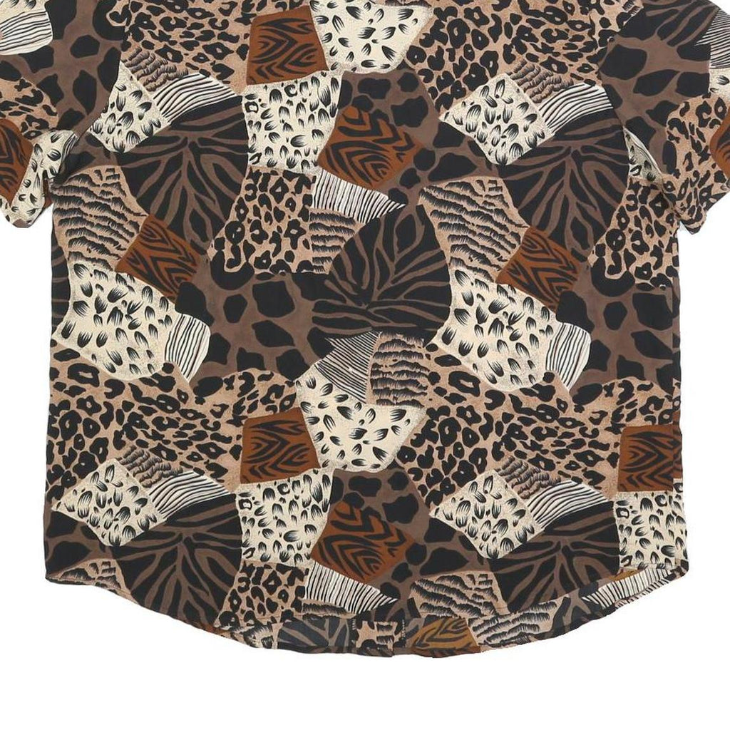 KATHY CHE Womens Brown Animal Print Shirt Short Sleeve Collared L