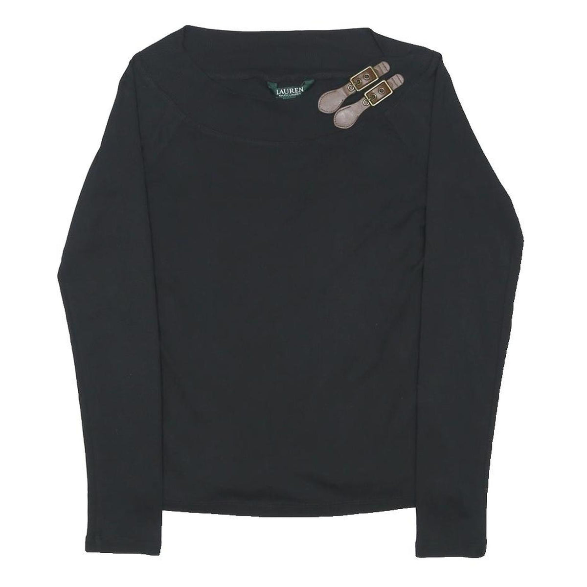 LAUREN RALPH LAUREN Womens Black Cotton Top Long Sleeve Boat Neck Buckle Detail