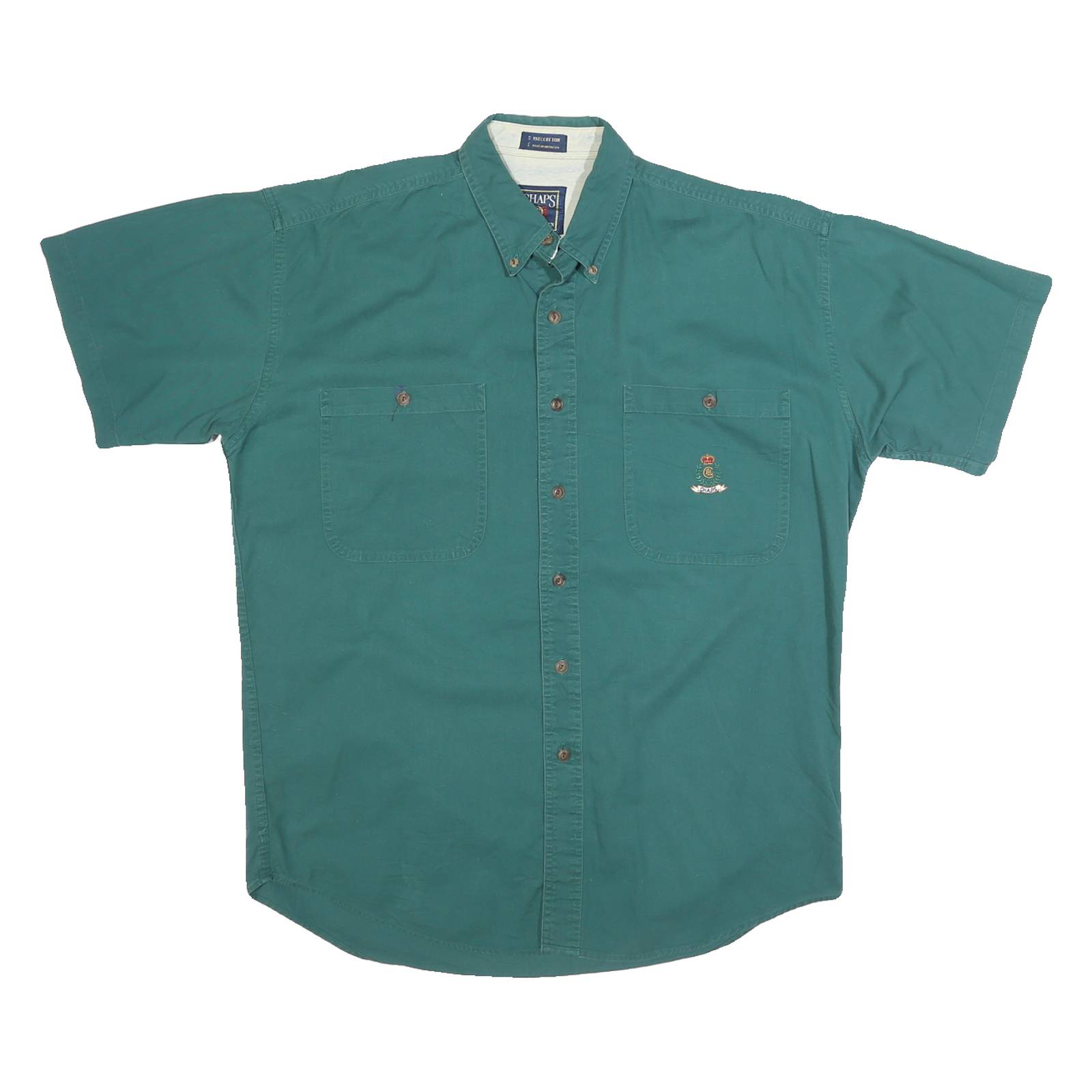 CHAPS Mens Green Cotton Button-Down Shirt M Classic Short Sleeve Pocket