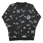 Womens Black Sweatshirt V Neck XL Abstract Print Cotton Blend Relaxed
