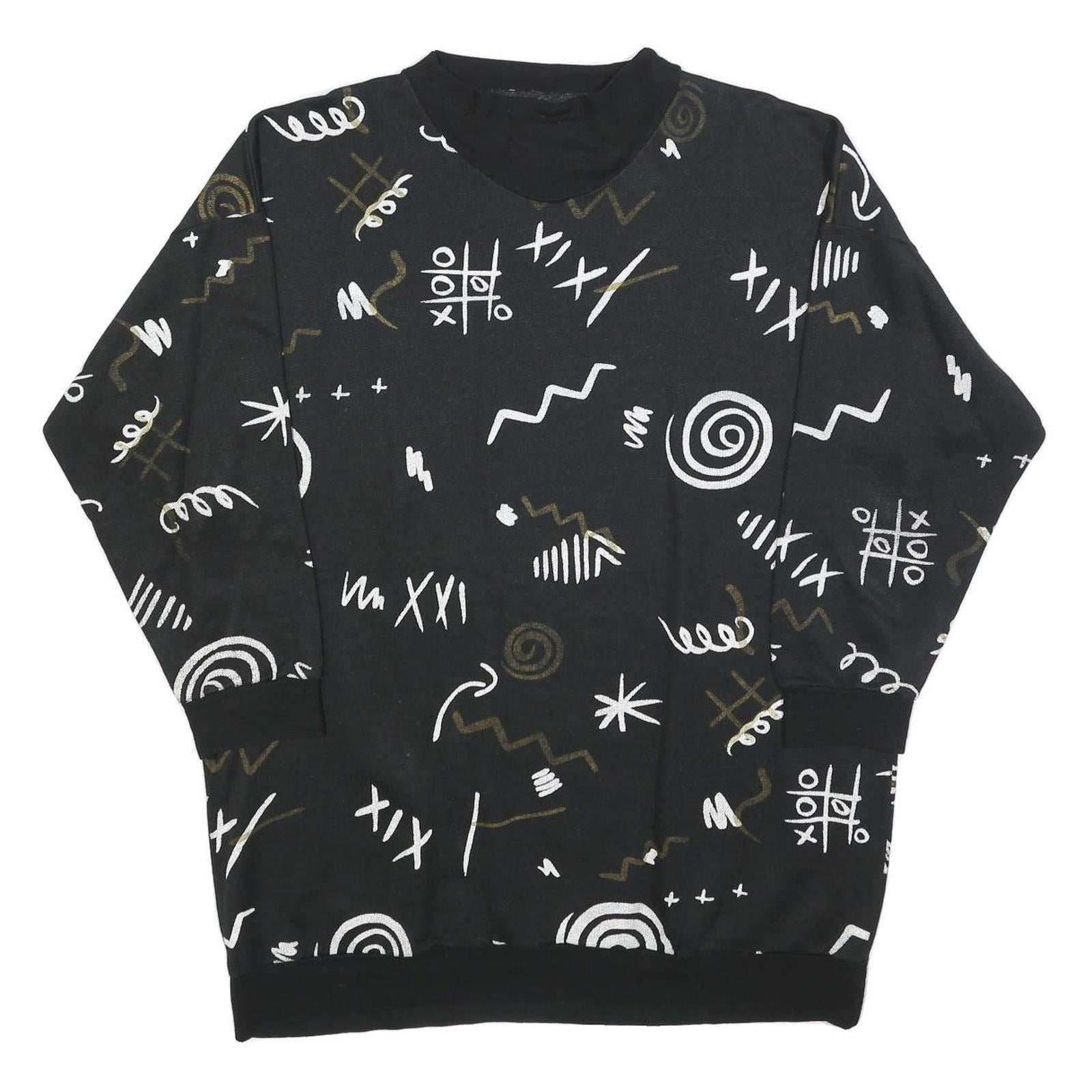 Womens Black Sweatshirt V Neck XL Abstract Print Cotton Blend Relaxed