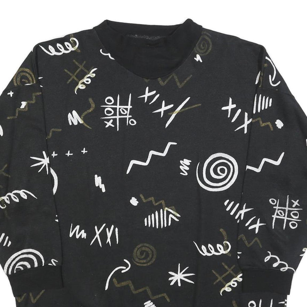 Womens Black Sweatshirt V Neck XL Abstract Print Cotton Blend Relaxed