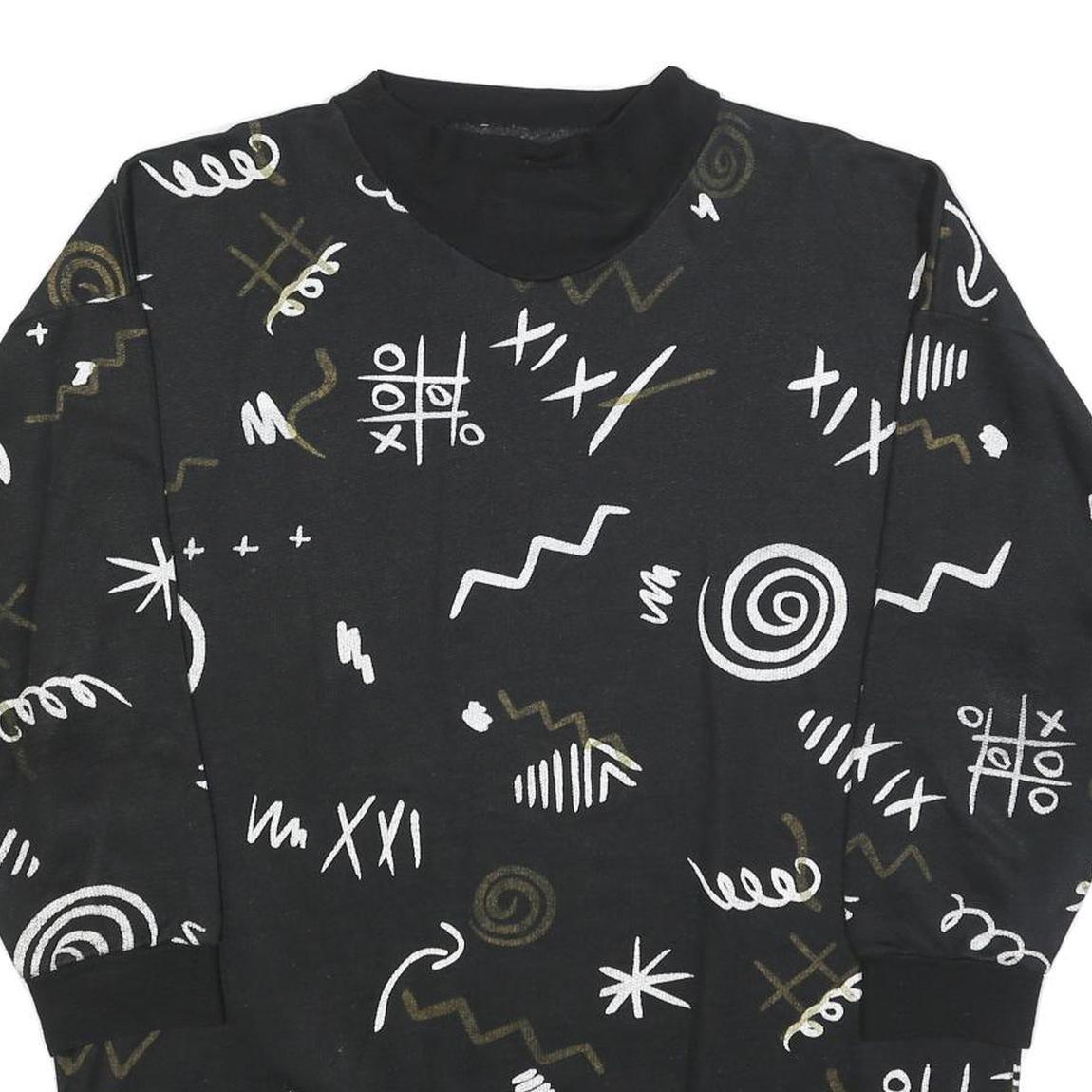 Womens Black Sweatshirt V Neck XL Abstract Print Cotton Blend Relaxed