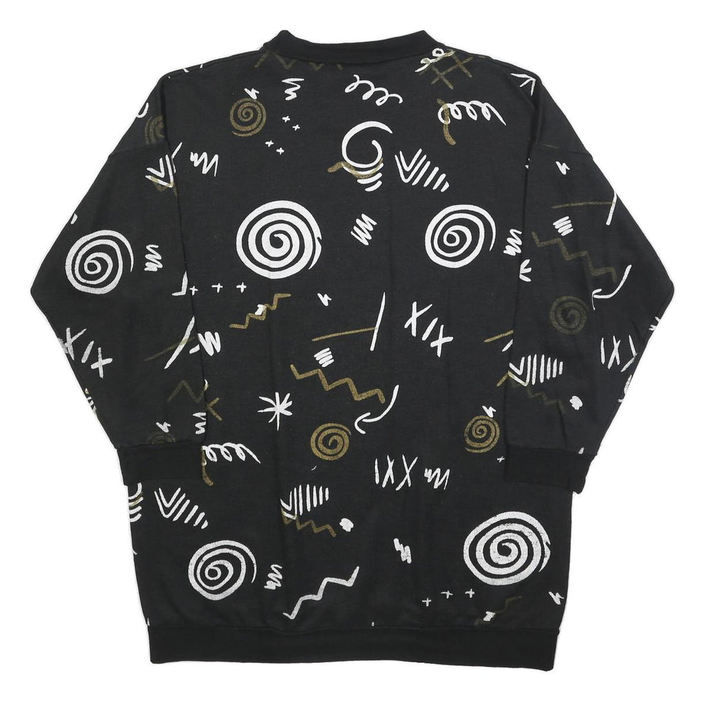 Womens Black Sweatshirt V Neck XL Abstract Print Cotton Blend Relaxed