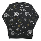 Womens Black Sweatshirt V Neck XL Abstract Print Cotton Blend Relaxed