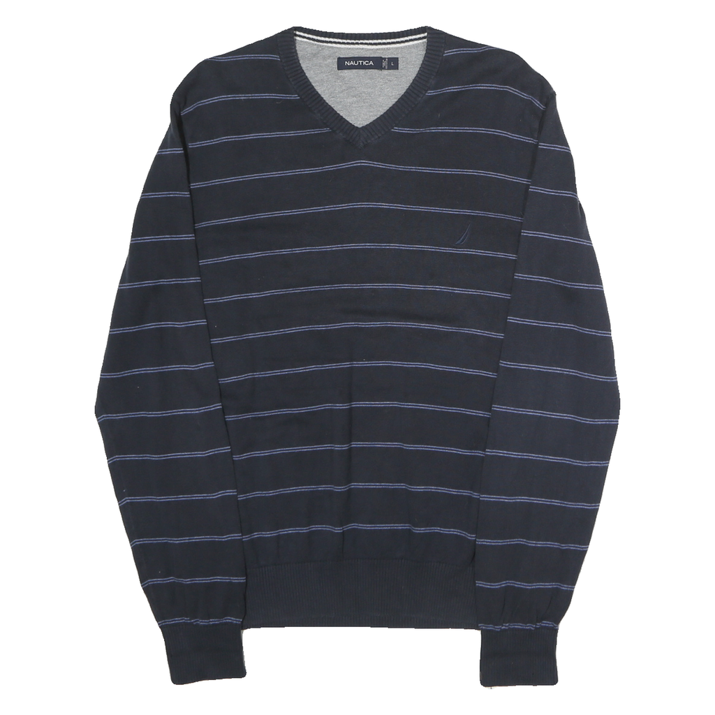 NAUTICA Mens Navy Blue & Light Blue Striped Patterned V-Neck Jumper Basic Knit L