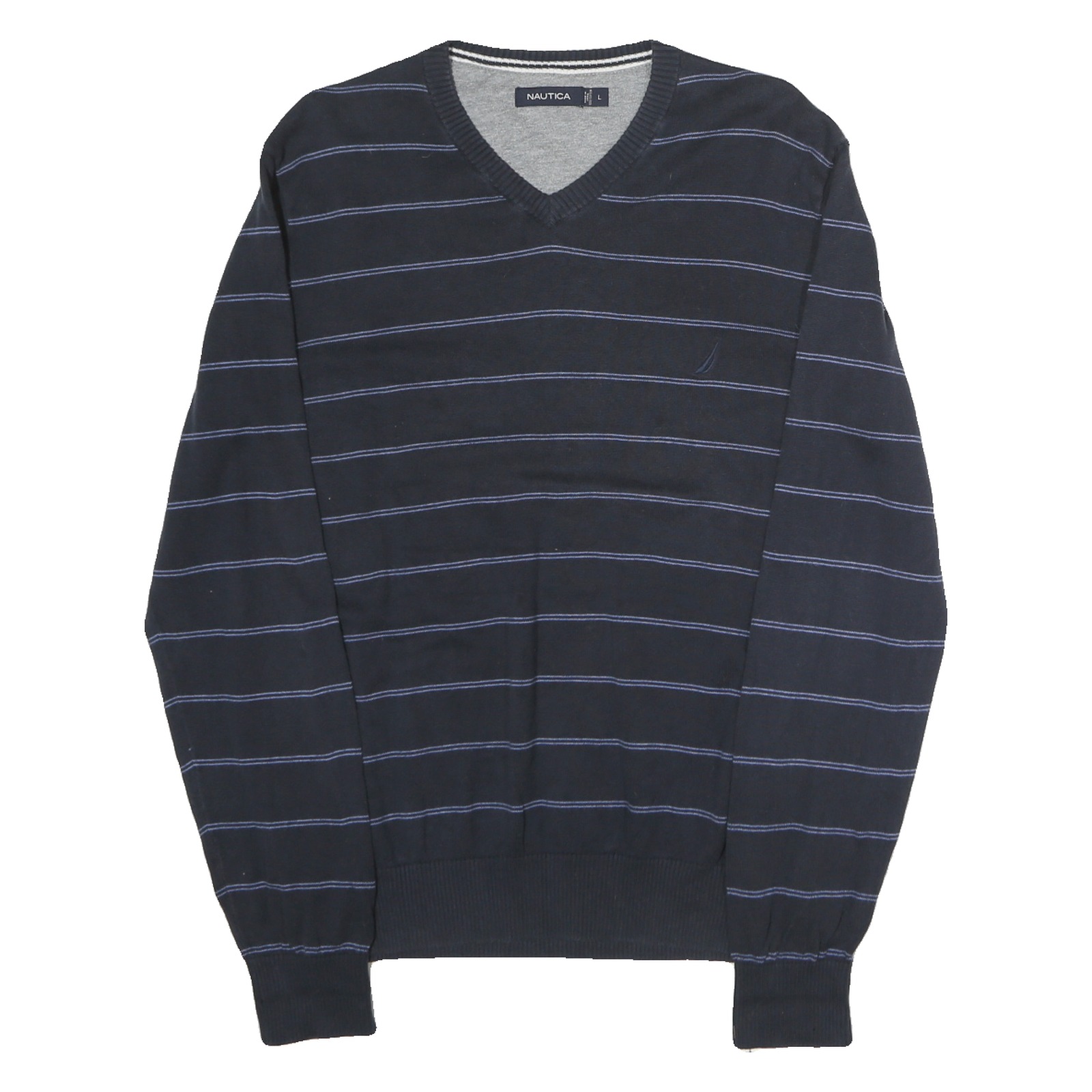 NAUTICA Mens Navy Blue & Light Blue Striped Patterned V-Neck Jumper Basic Knit L