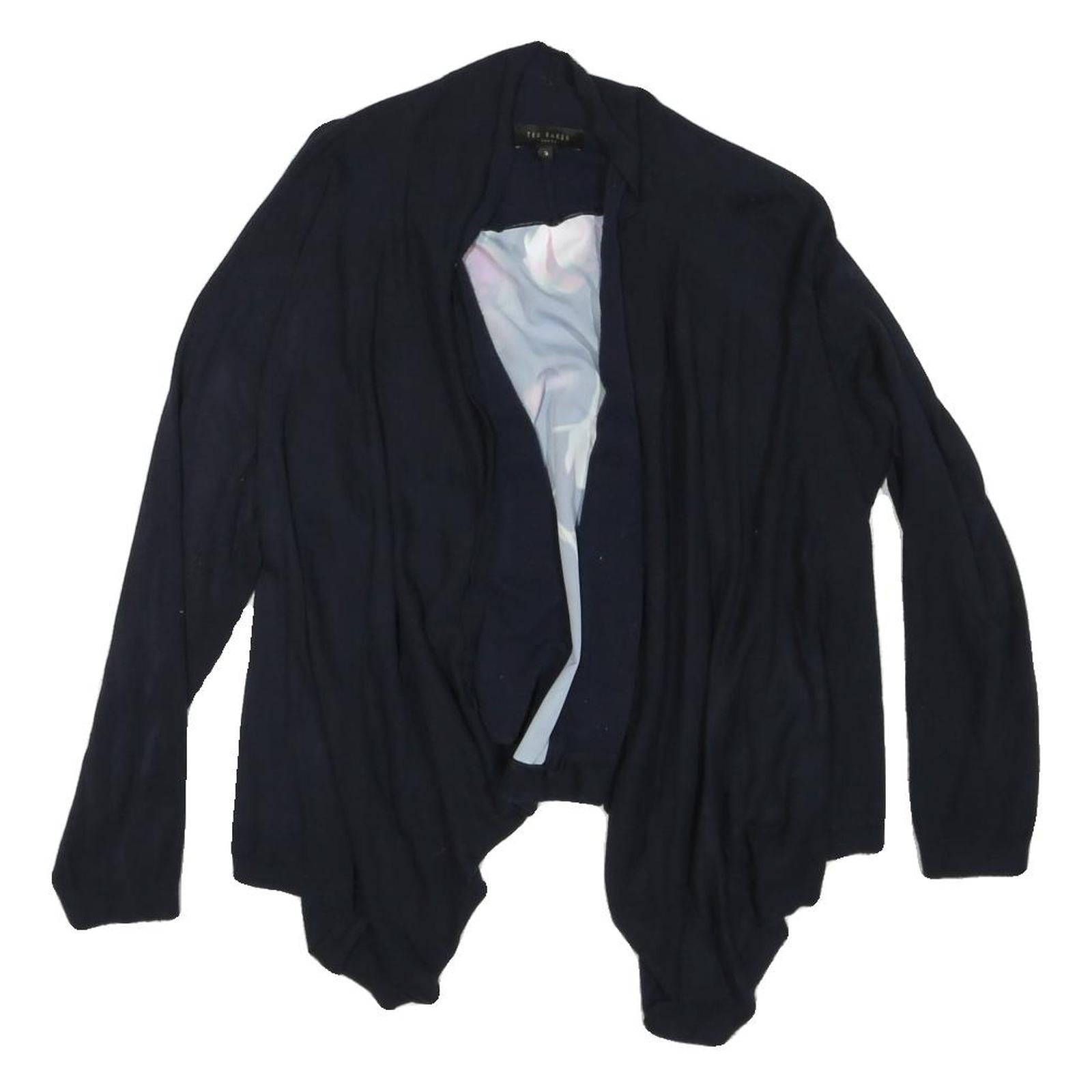 TED BAKER Womens Navy Blue Floral Print Open Front Long Sleeve Cotton Blend Top