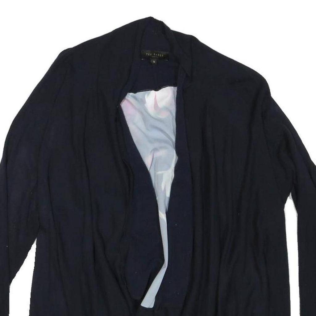 TED BAKER Womens Navy Blue Floral Print Open Front Long Sleeve Cotton Blend Top