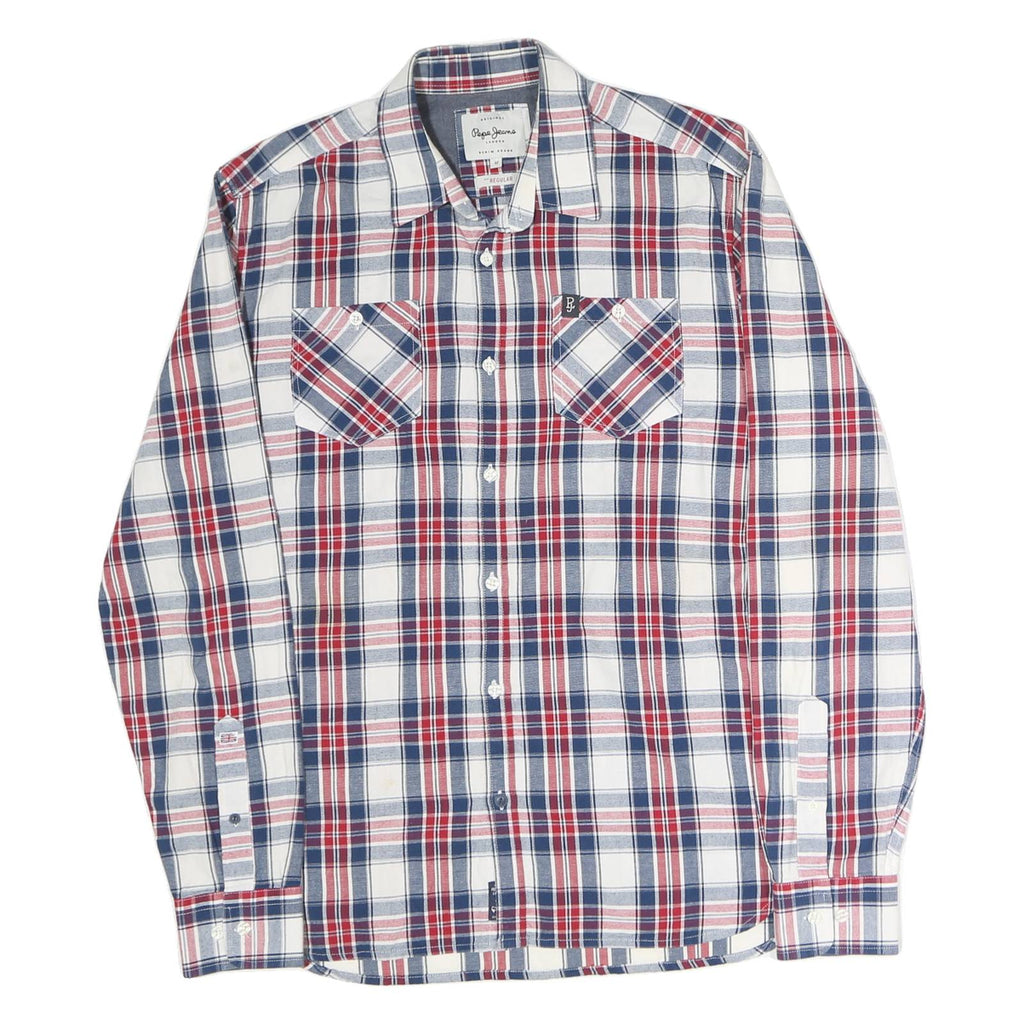 PEPE JEANS Mens White & Blue Check Shirt M Casual Cotton Long Sleeve Button Down