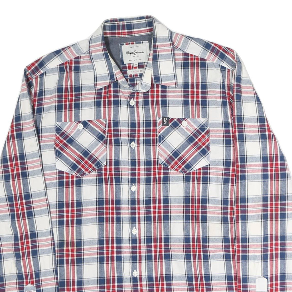 PEPE JEANS Mens White & Blue Check Shirt M Casual Cotton Long Sleeve Button Down