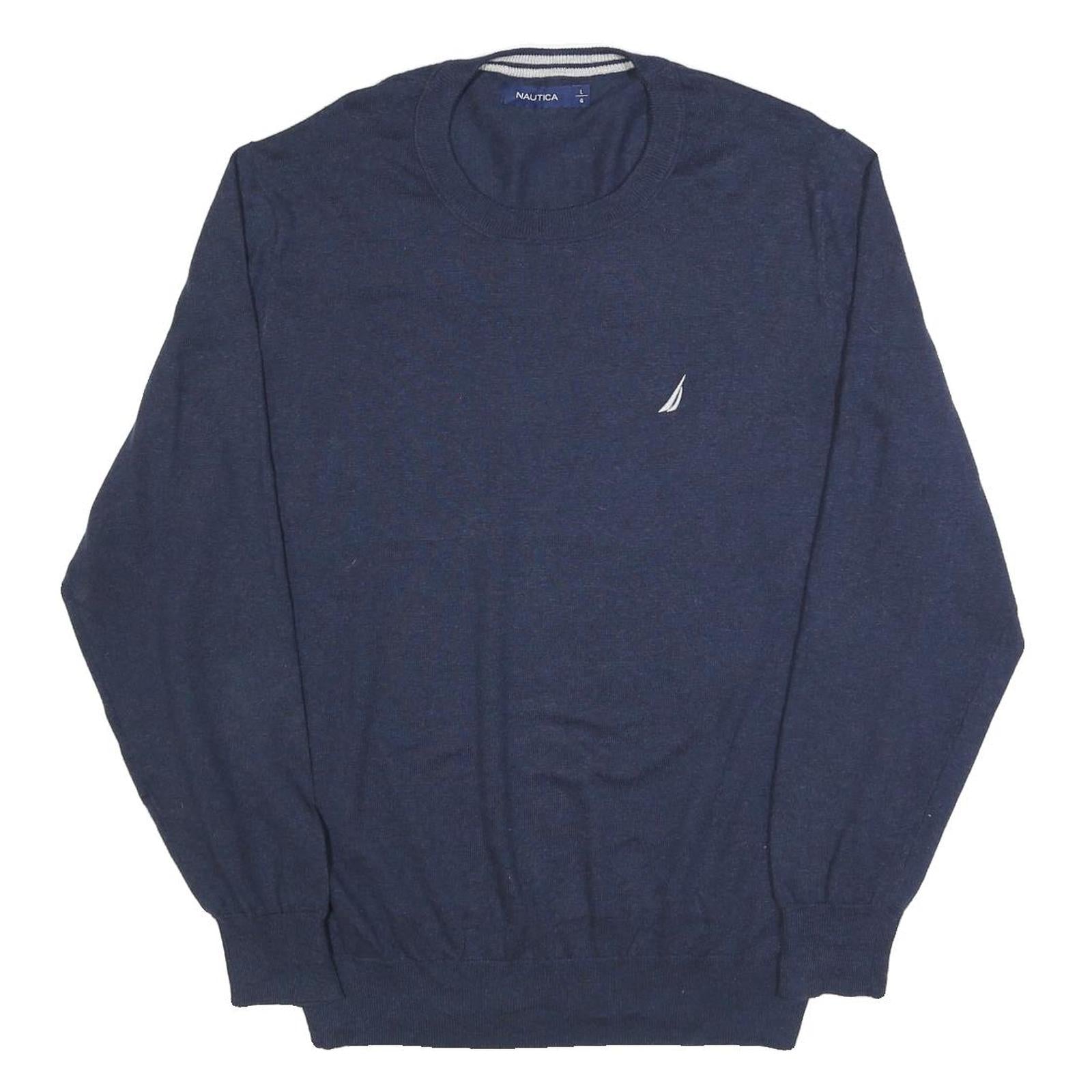 NAUTICA Mens Navy Plain Crew Neck Basic Knit Jumper L Cotton Blend